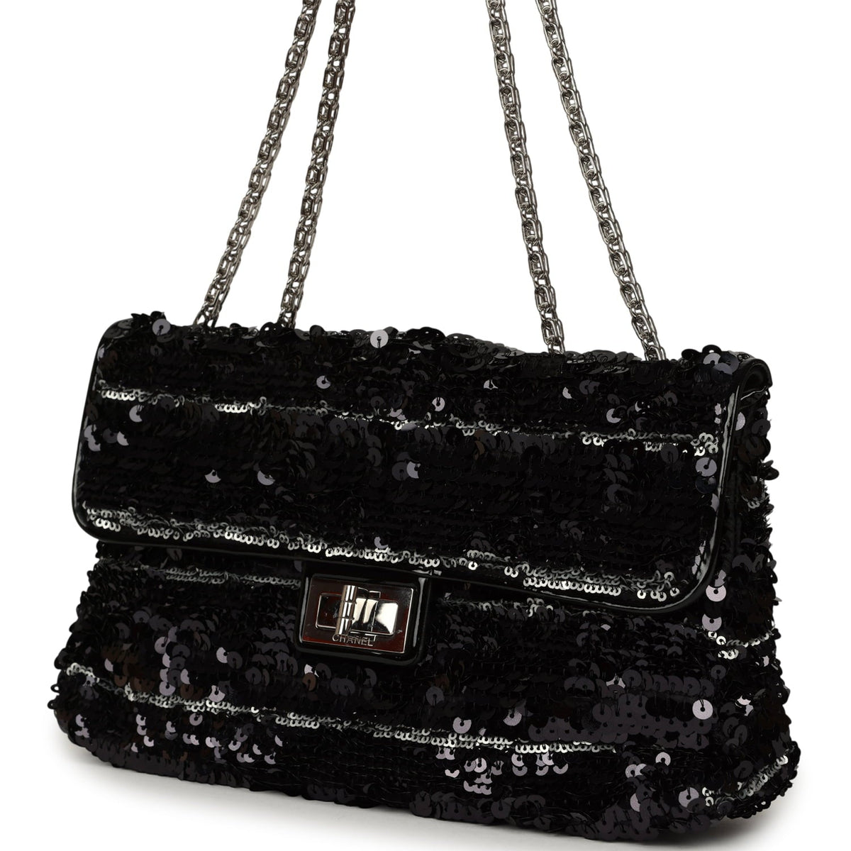 Pre-owned Chanel Medium Striped Reissue Flap Bag Black, Silver Sequin and Patent Silver Hardware