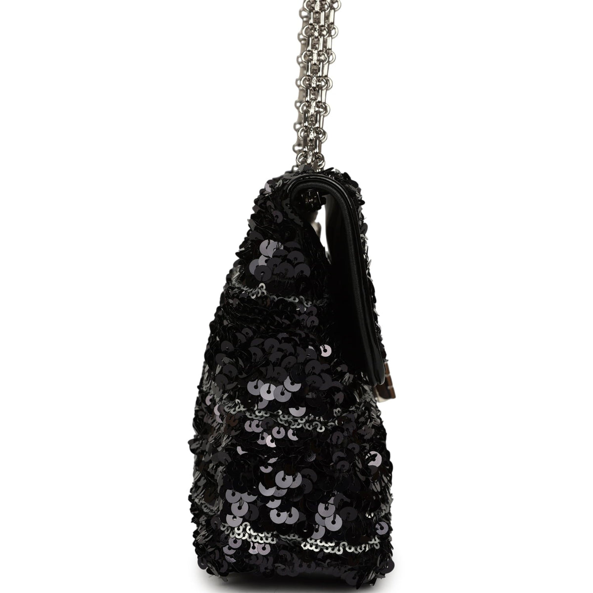 Pre-owned Chanel Medium Striped Reissue Flap Bag Black, Silver Sequin and Patent Silver Hardware