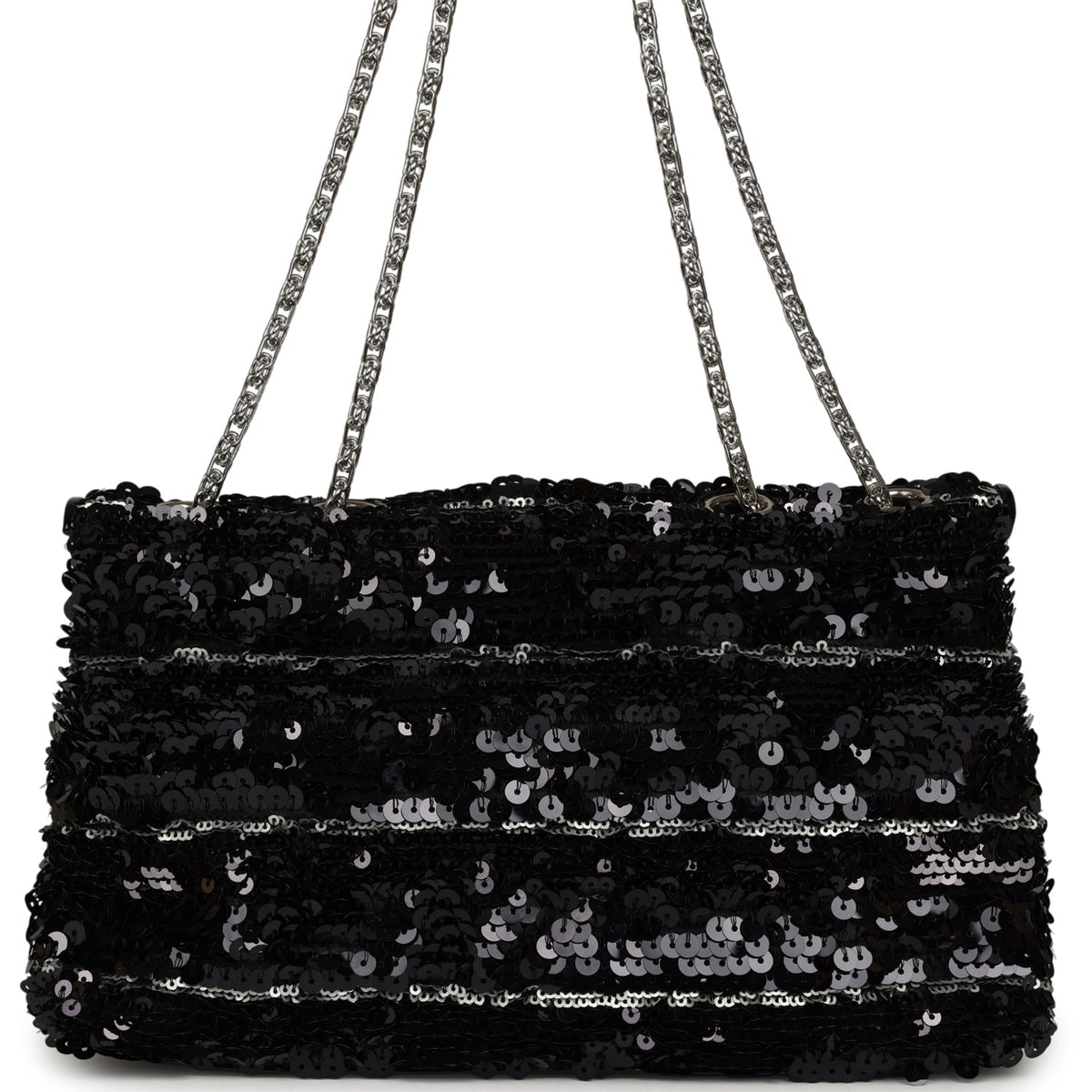 Pre-owned Chanel Medium Striped Reissue Flap Bag Black, Silver Sequin and Patent Silver Hardware