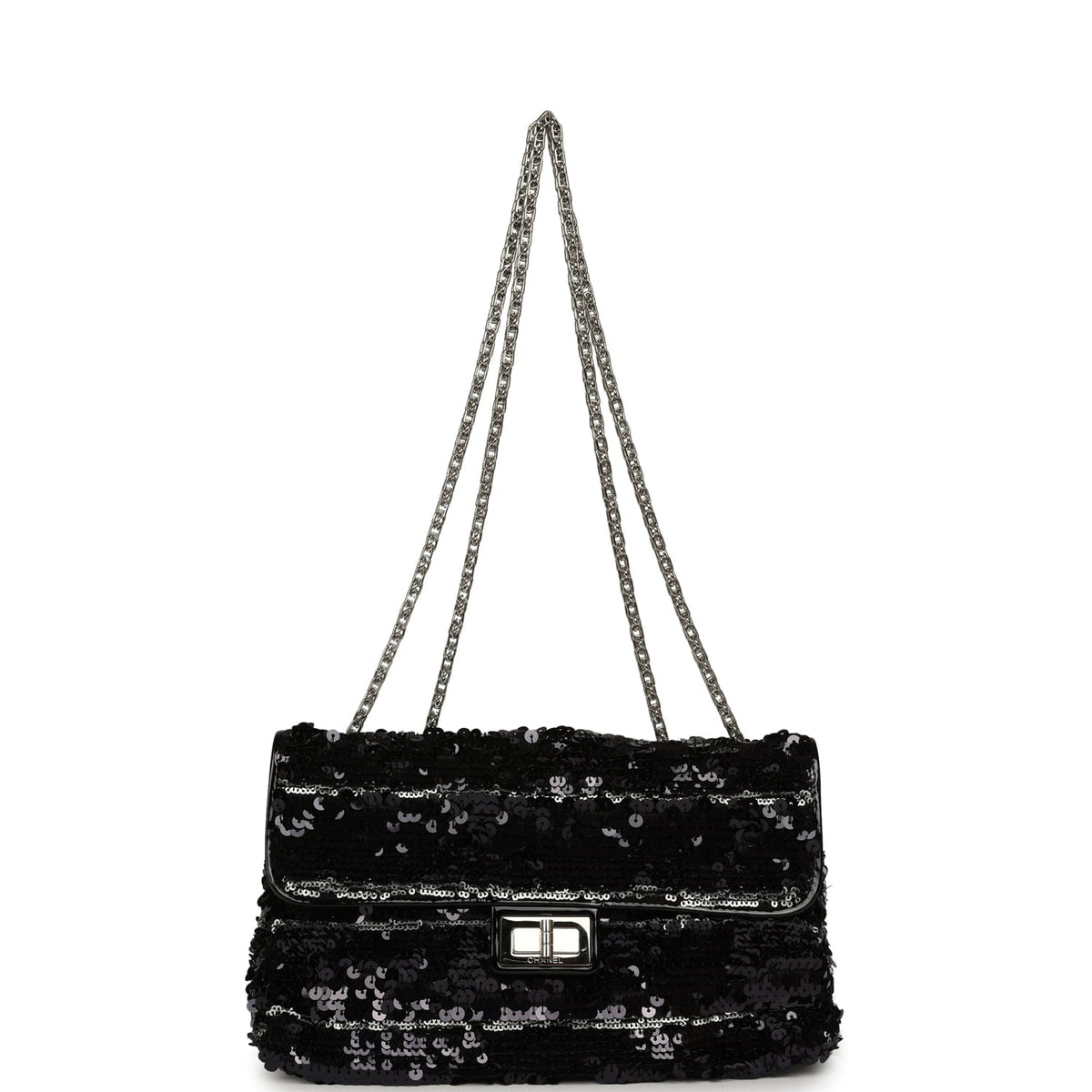 Pre-owned Chanel Medium Striped Reissue Flap Bag Black, Silver Sequin and Patent Silver Hardware