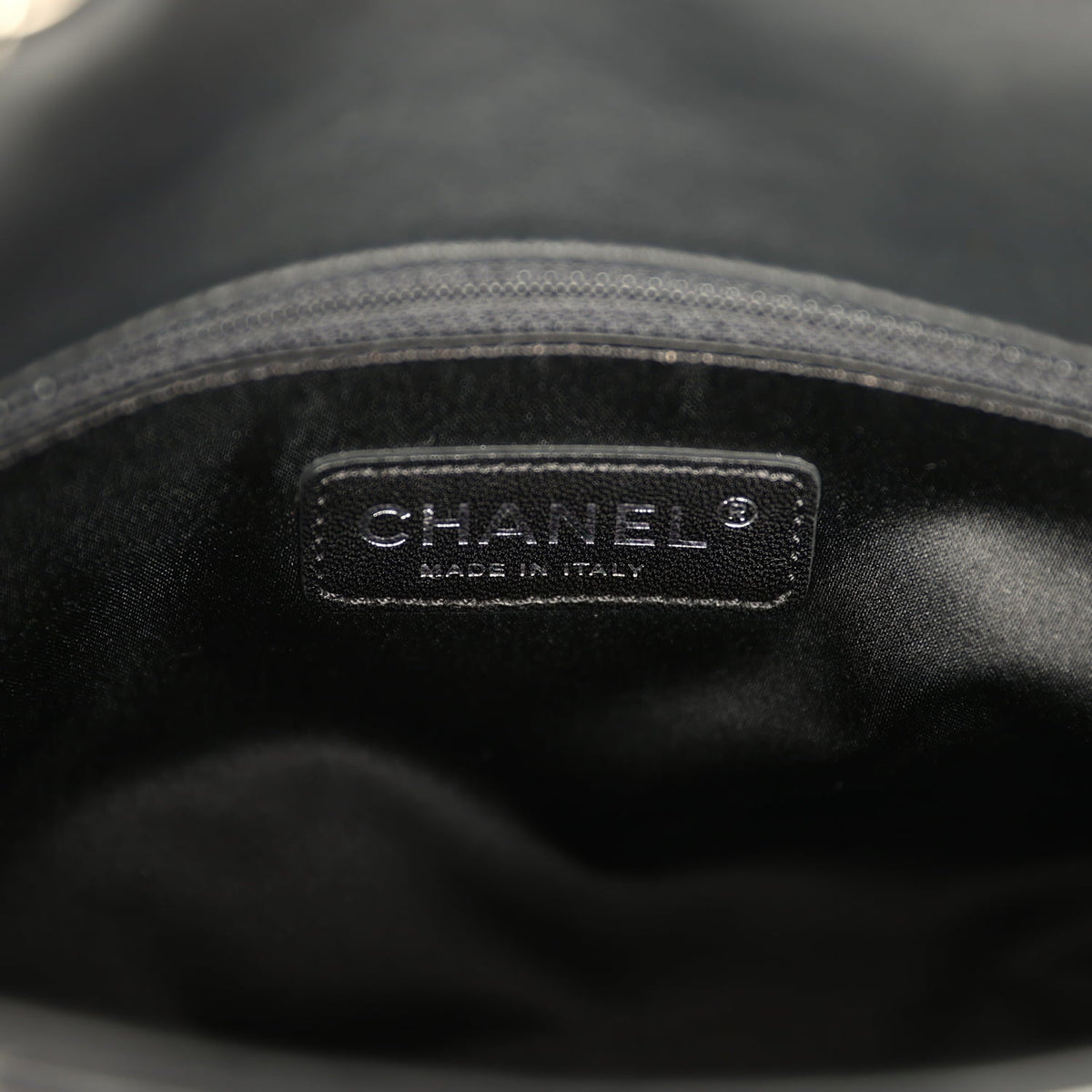 Pre-owned Chanel Medium Striped Reissue Flap Bag Black, Silver Sequin and Patent Silver Hardware