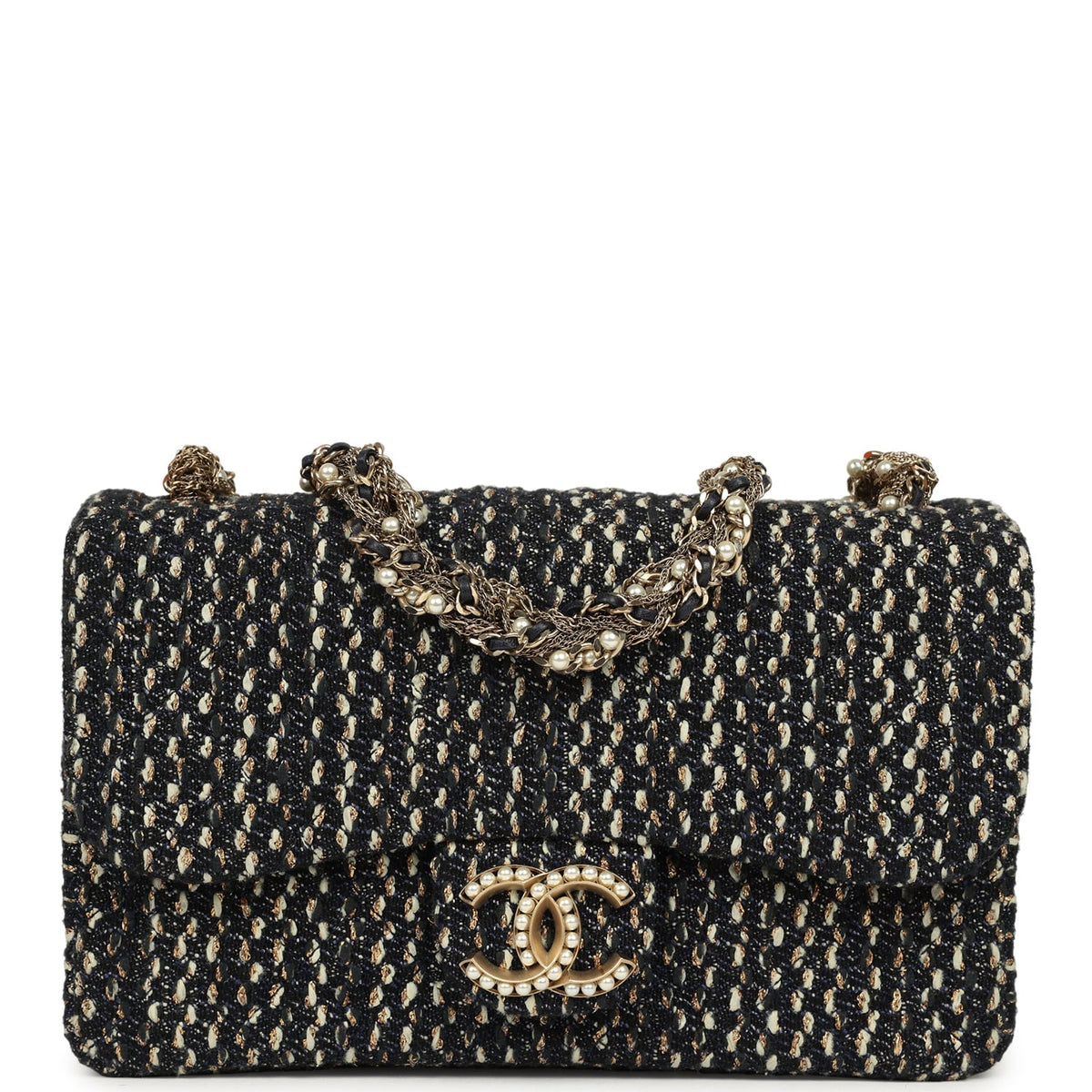 Chanel Small Westminster Pearl Flap Bag Black, Gold, White Tweed Brushed Gold Hardware