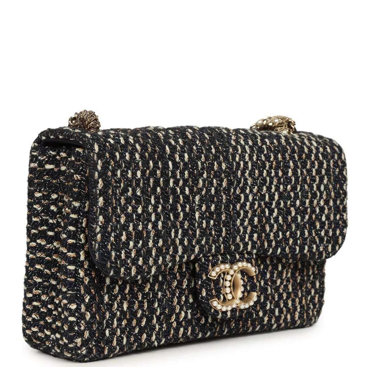 Chanel Small Westminster Pearl Flap Bag Black, Gold, White Tweed Brushed Gold Hardware