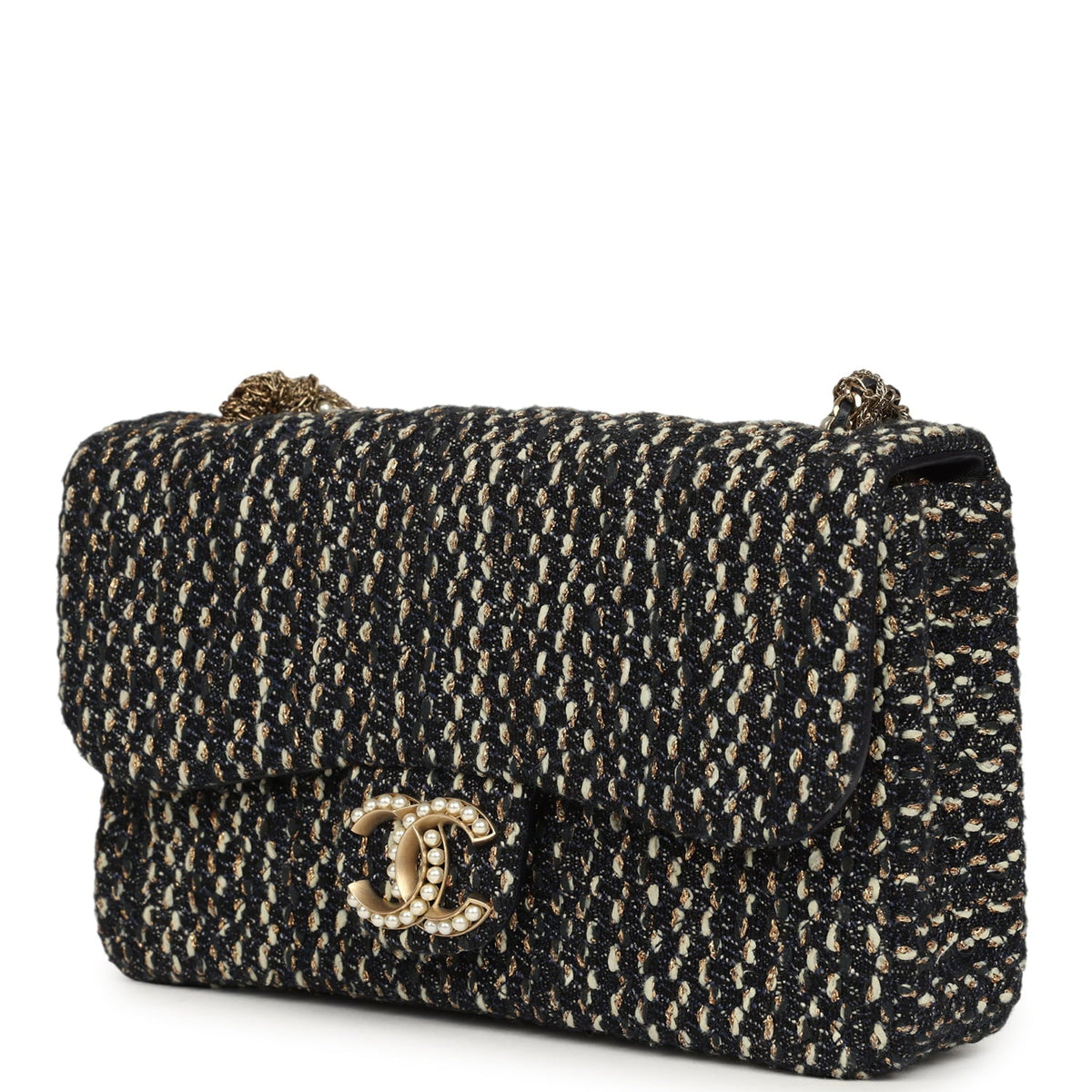 Chanel Small Westminster Pearl Flap Bag Black, Gold, White Tweed Brushed Gold Hardware