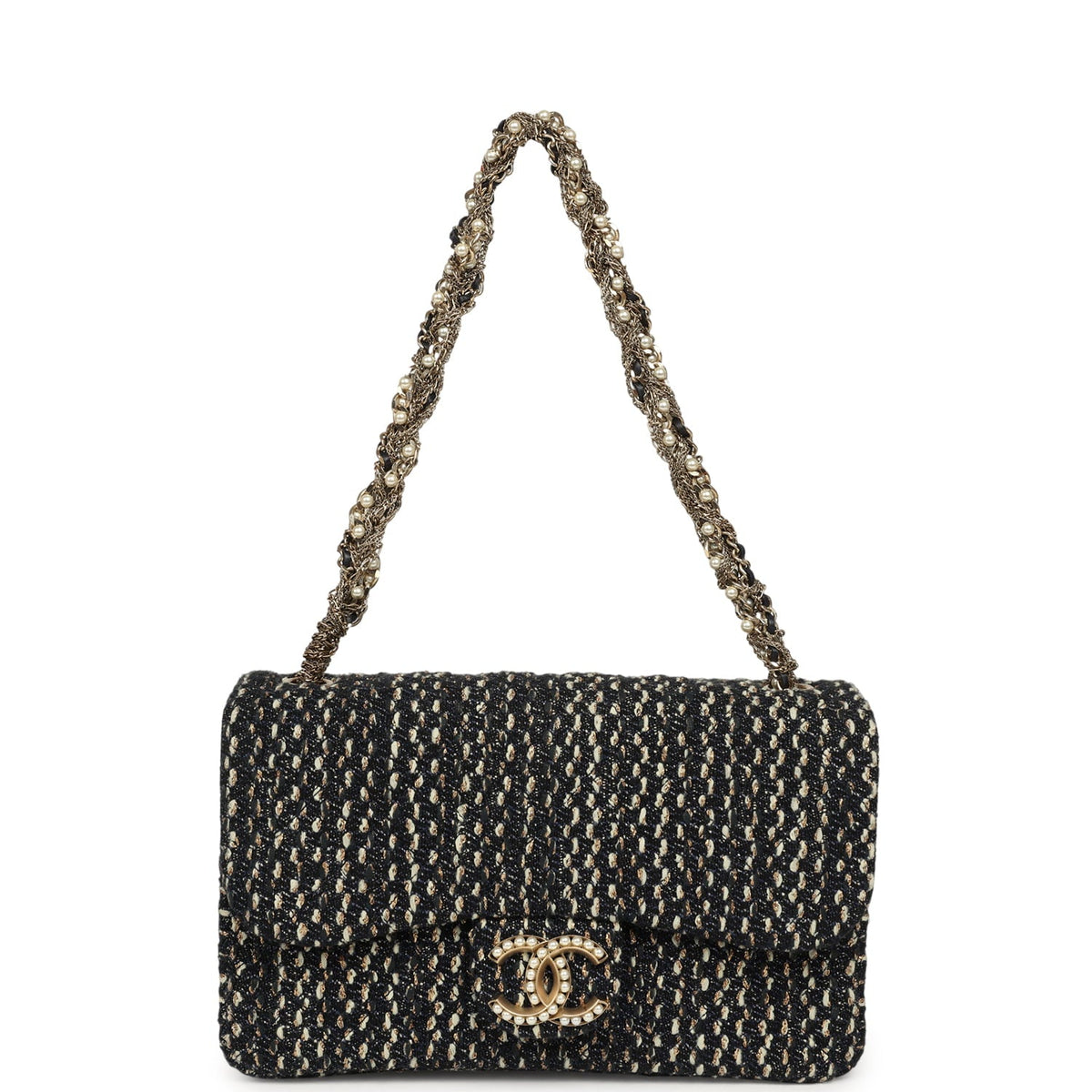 Chanel Small Westminster Pearl Flap Bag Black, Gold, White Tweed Brushed Gold Hardware
