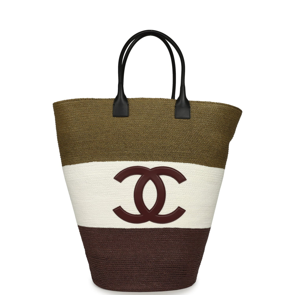 Chanel Maxi Coco Beach Large Shopping Bag Khaki, White, Brown Raffia and Black Calfskin