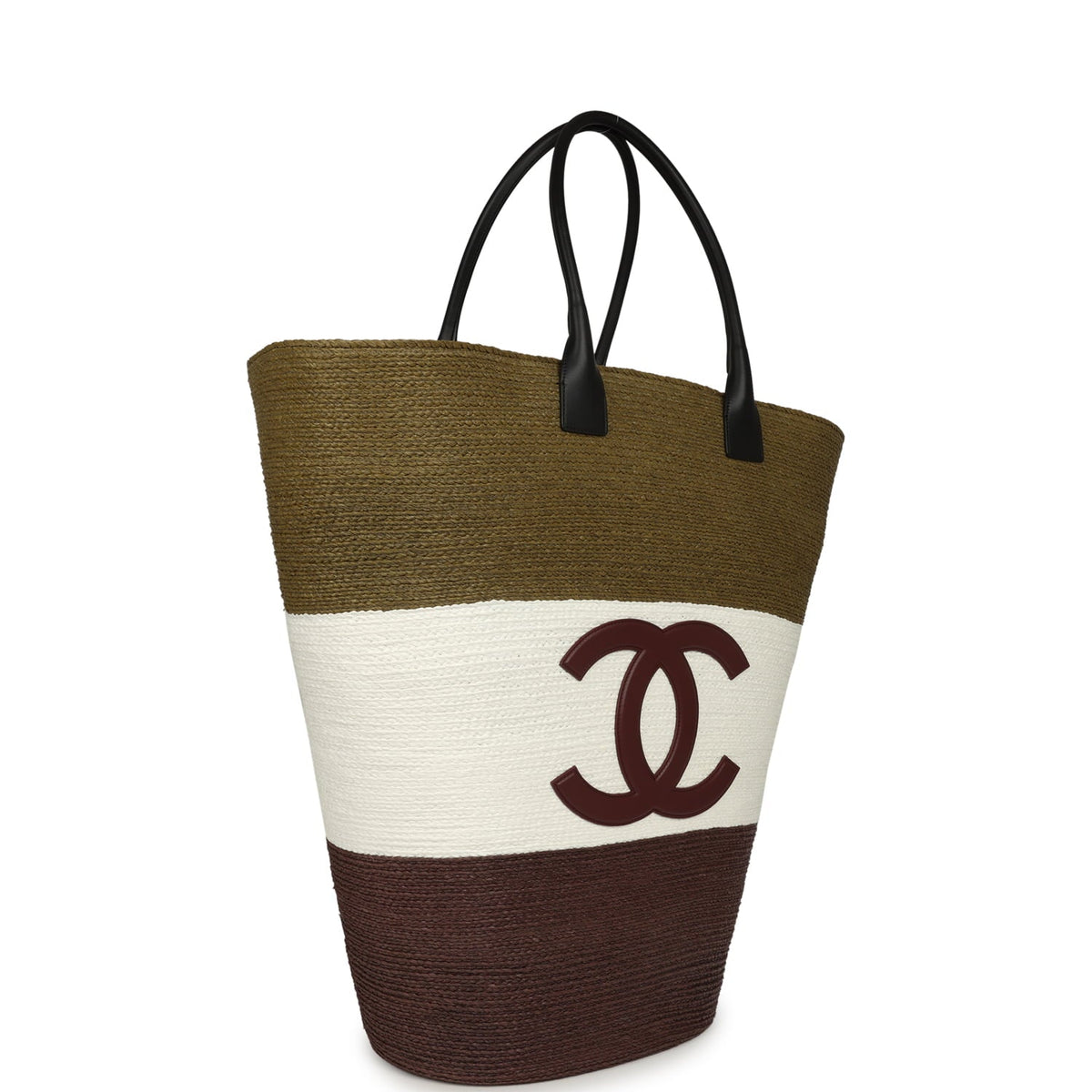 Chanel Maxi Coco Beach Large Shopping Bag Khaki, White, Brown Raffia and Black Calfskin