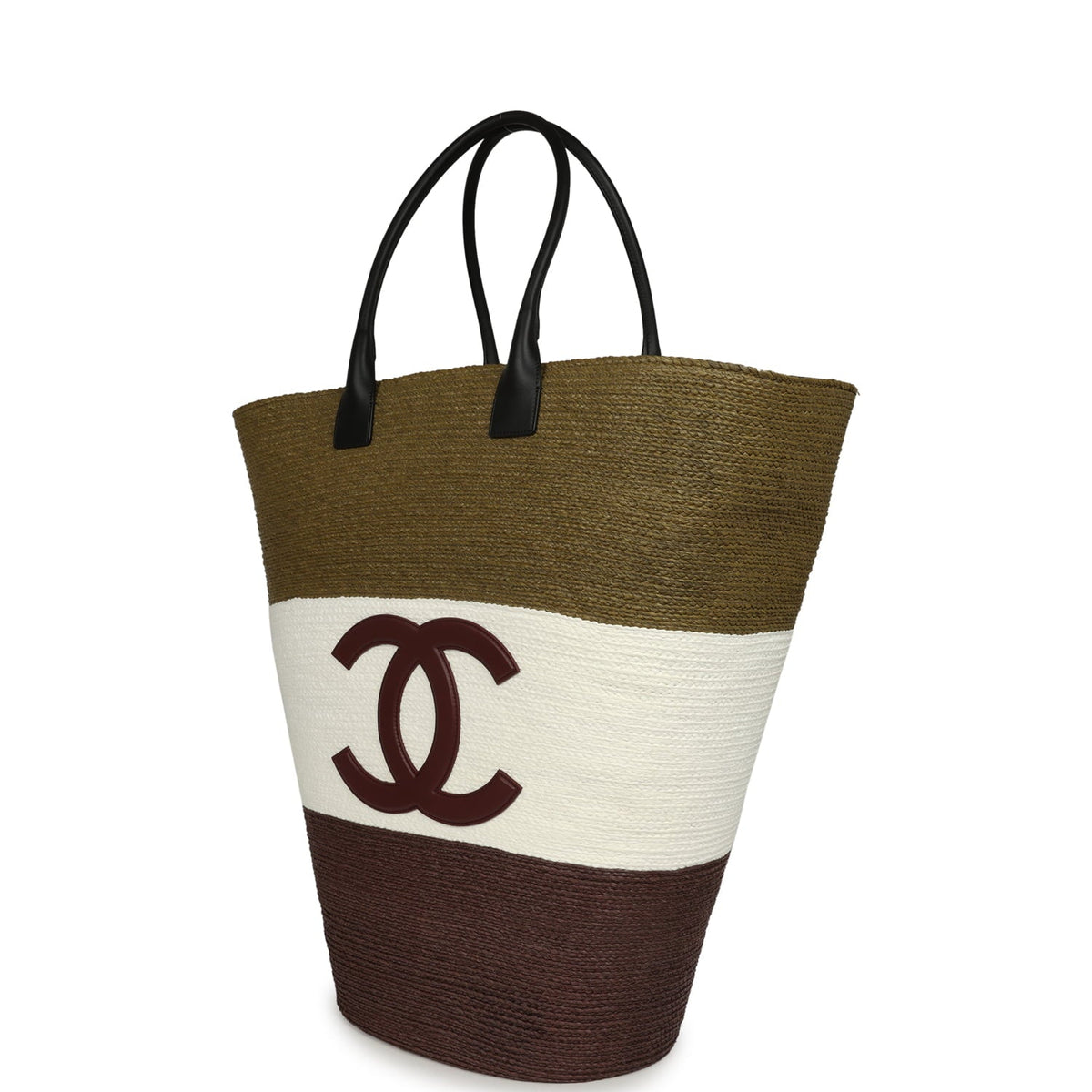 Chanel Maxi Coco Beach Large Shopping Bag Khaki, White, Brown Raffia and Black Calfskin