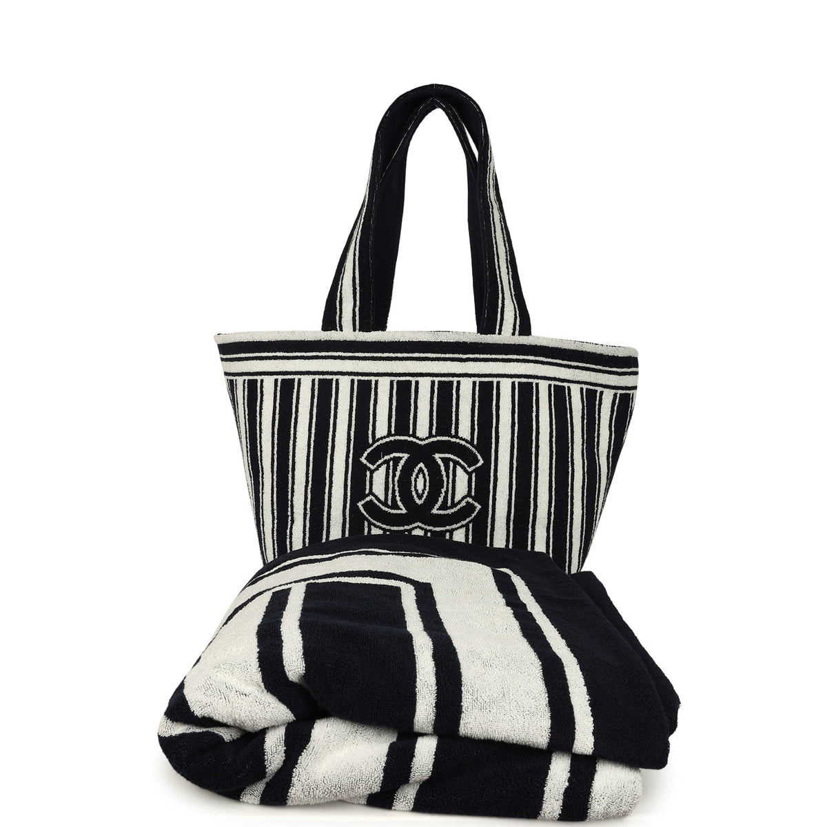 Chanel Coco Beach CC Striped Beach Tote Bag & Towel Set Navy Blue, White Terry Silver Hardware