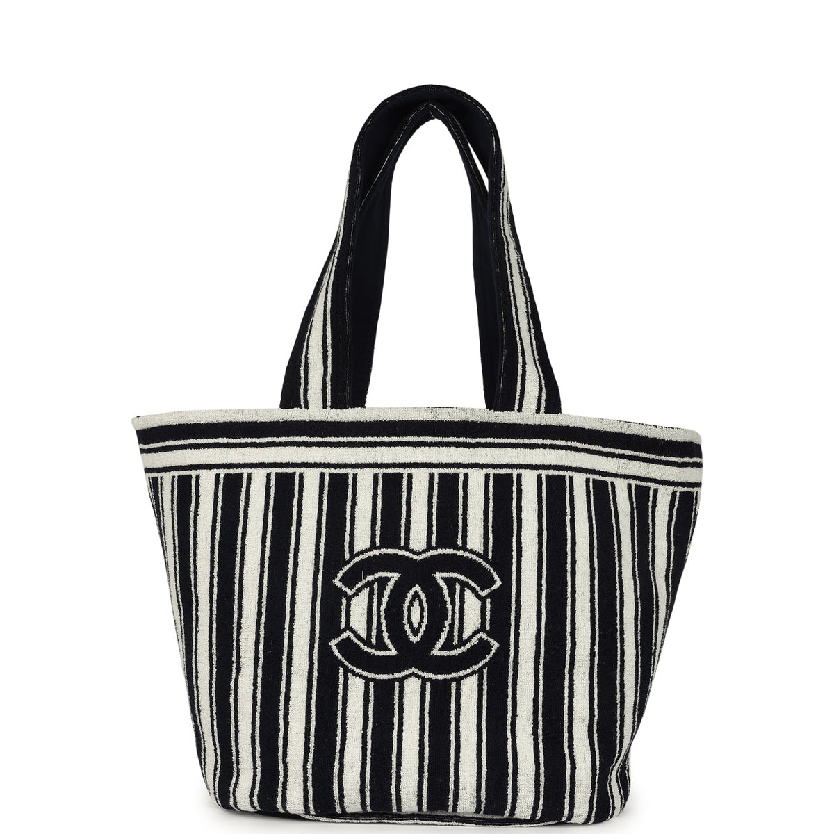 Chanel Coco Beach CC Striped Beach Tote Bag & Towel Set Navy Blue, White Terry Silver Hardware