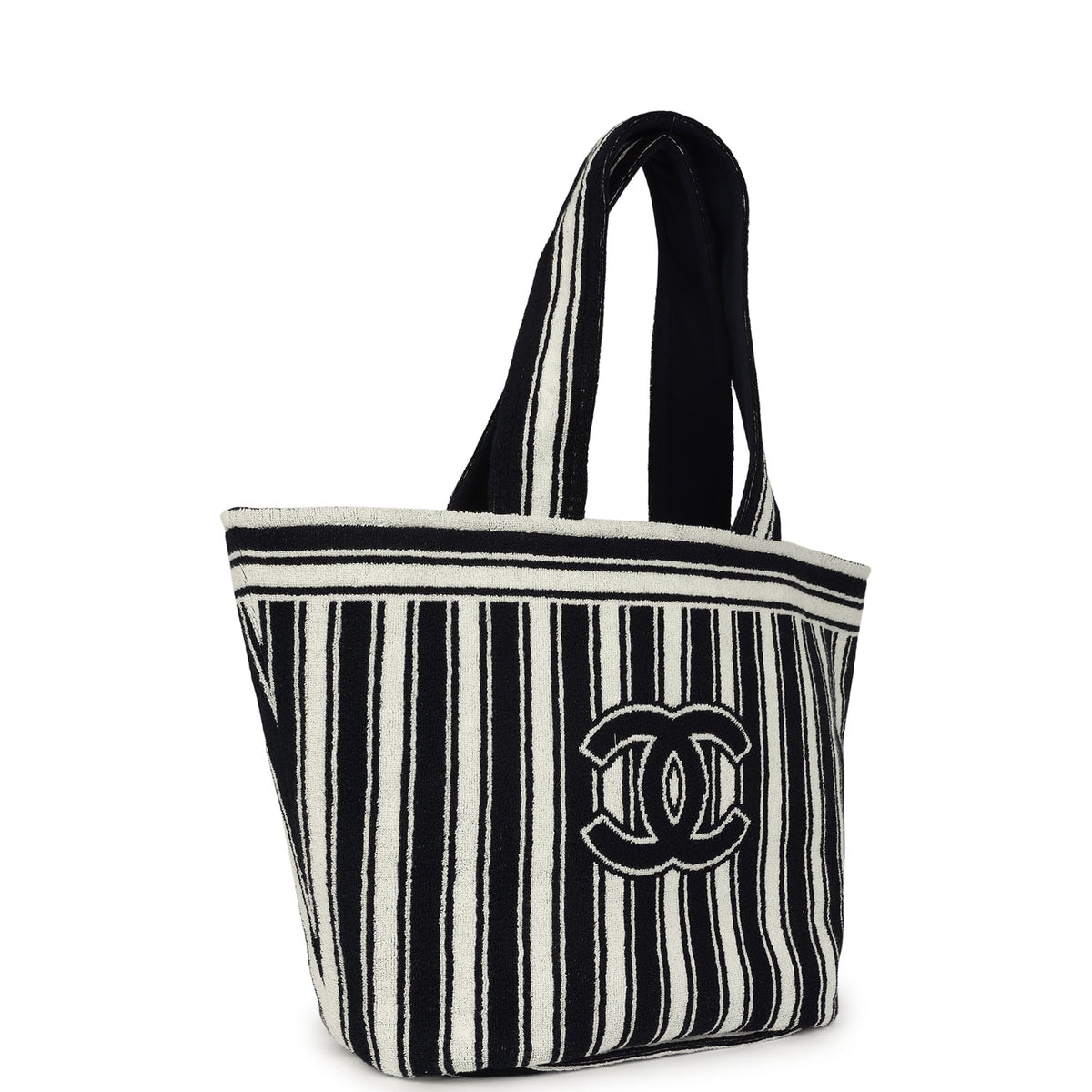 Chanel Coco Beach CC Striped Beach Tote Bag & Towel Set Navy Blue, White Terry Silver Hardware