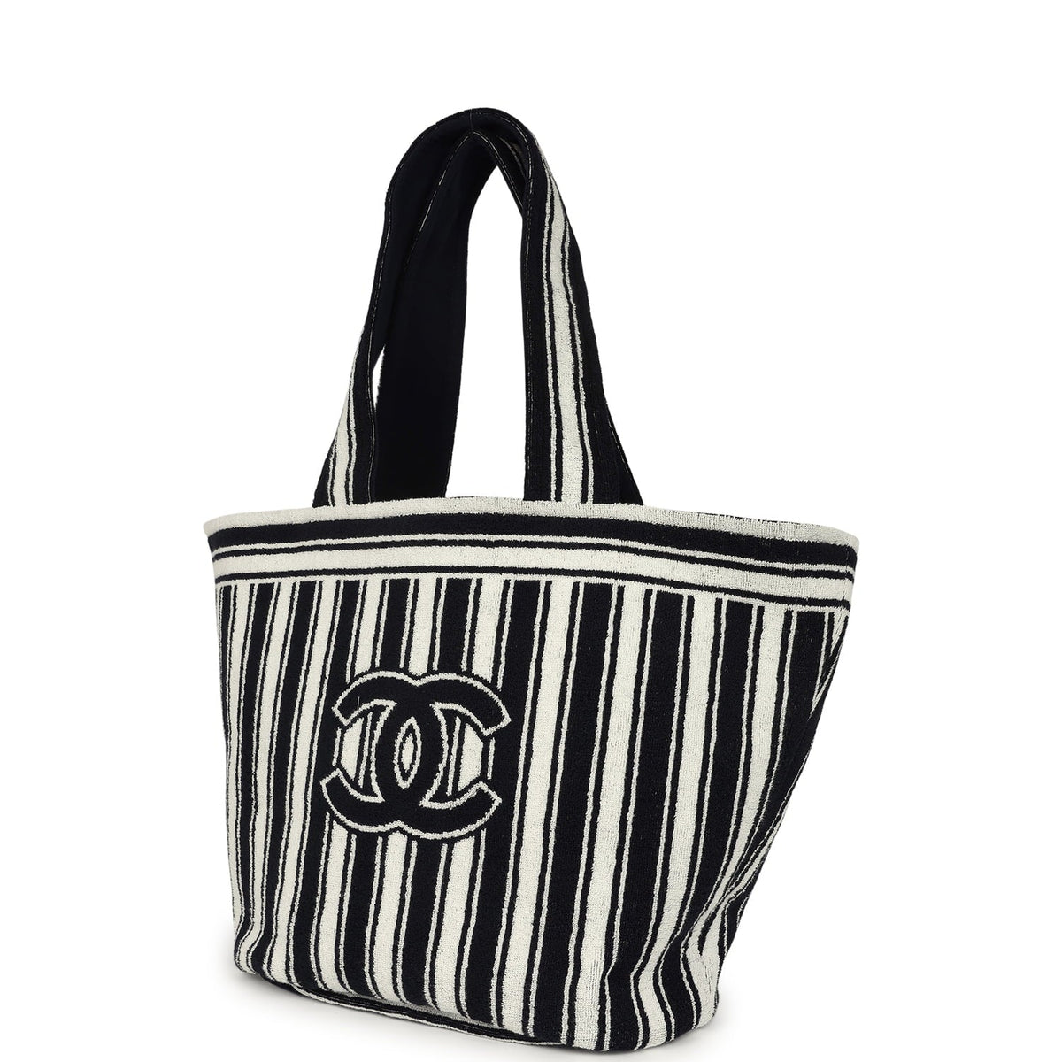 Chanel Coco Beach CC Striped Beach Tote Bag & Towel Set Navy Blue, White Terry Silver Hardware