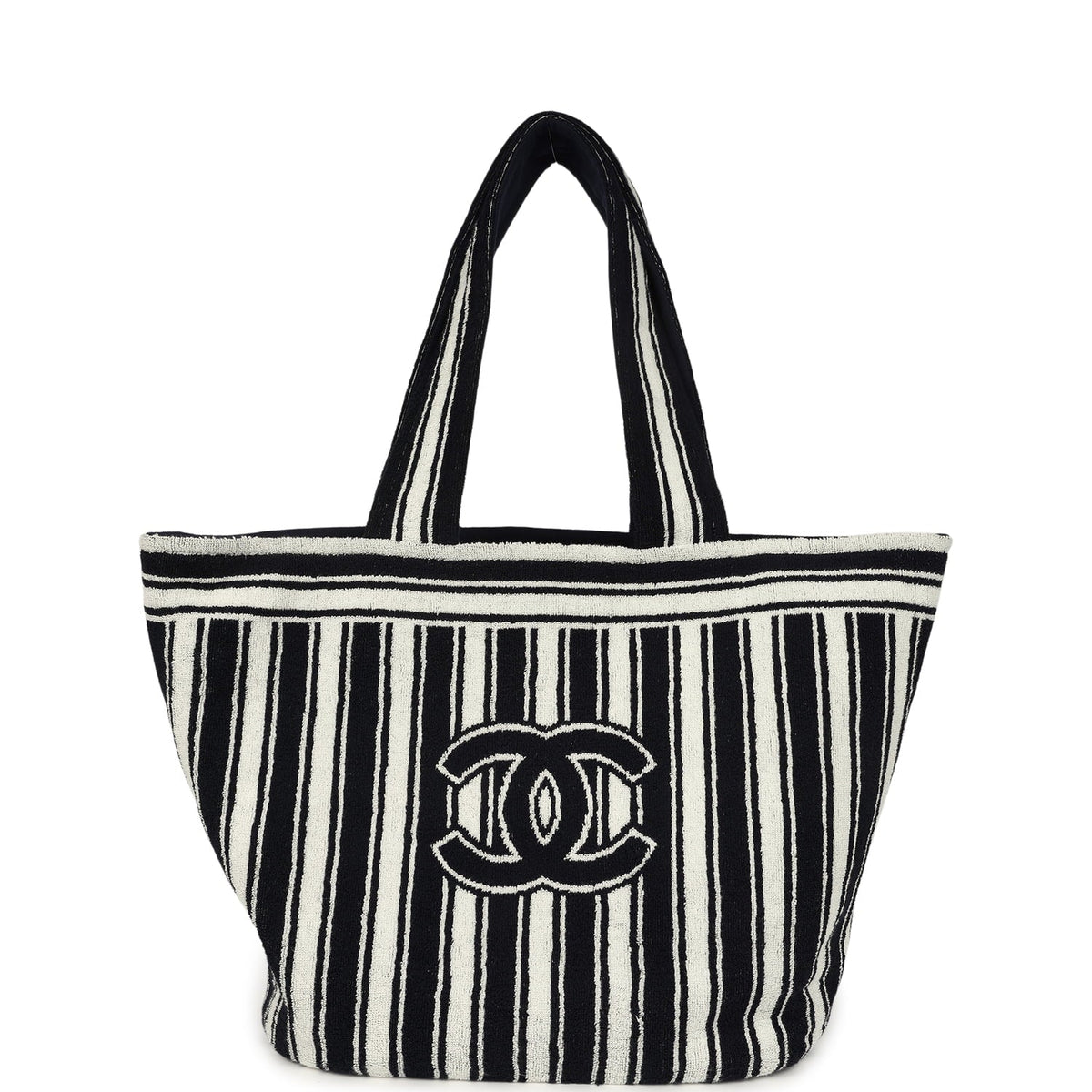 Chanel Coco Beach CC Striped Beach Tote Bag & Towel Set Navy Blue, White Terry Silver Hardware