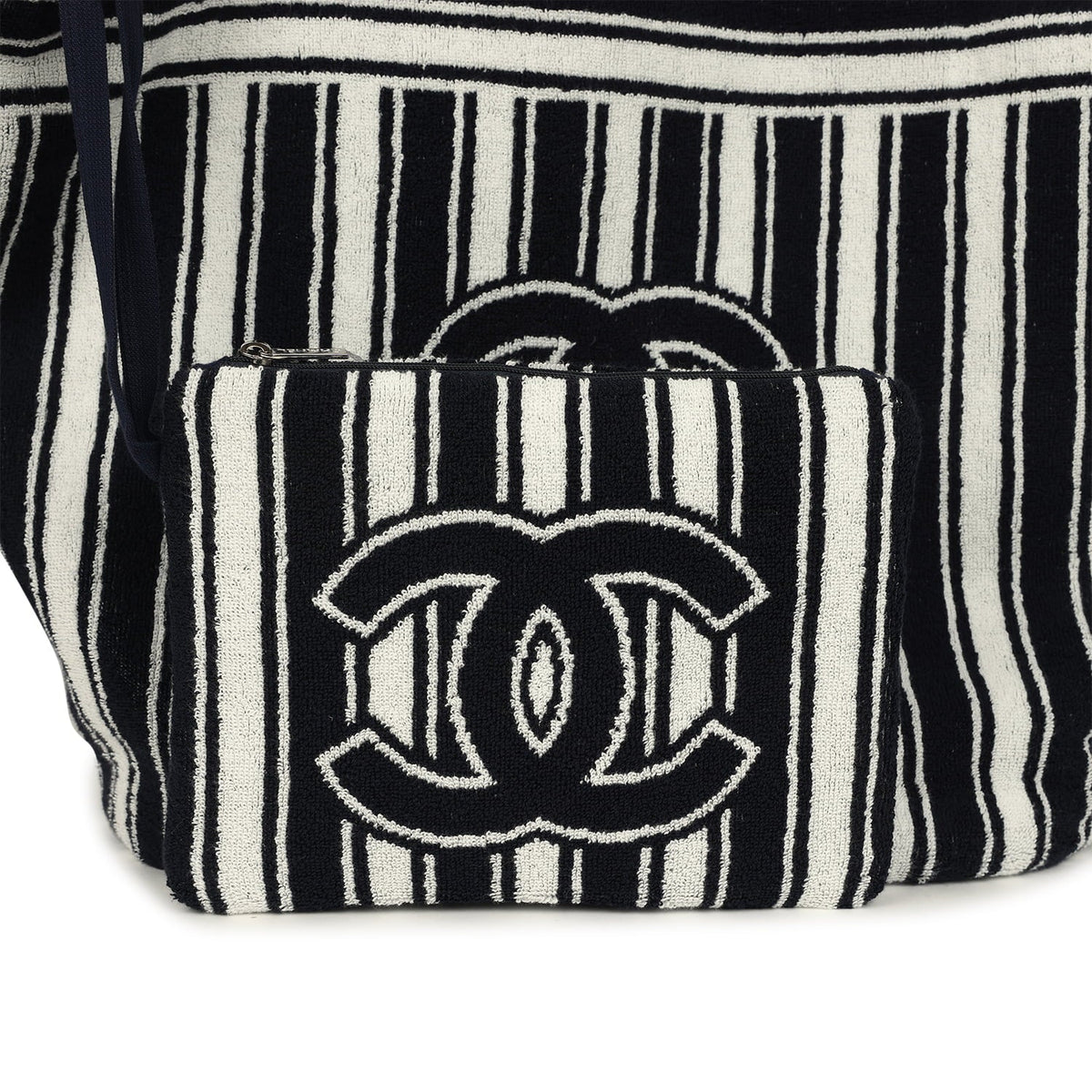 Chanel Coco Beach CC Striped Beach Tote Bag & Towel Set Navy Blue, White Terry Silver Hardware