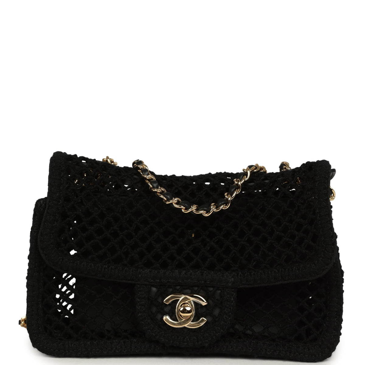 Chanel Small Coco Beach Macrame Flap Bag Black Mesh Gold Hardware