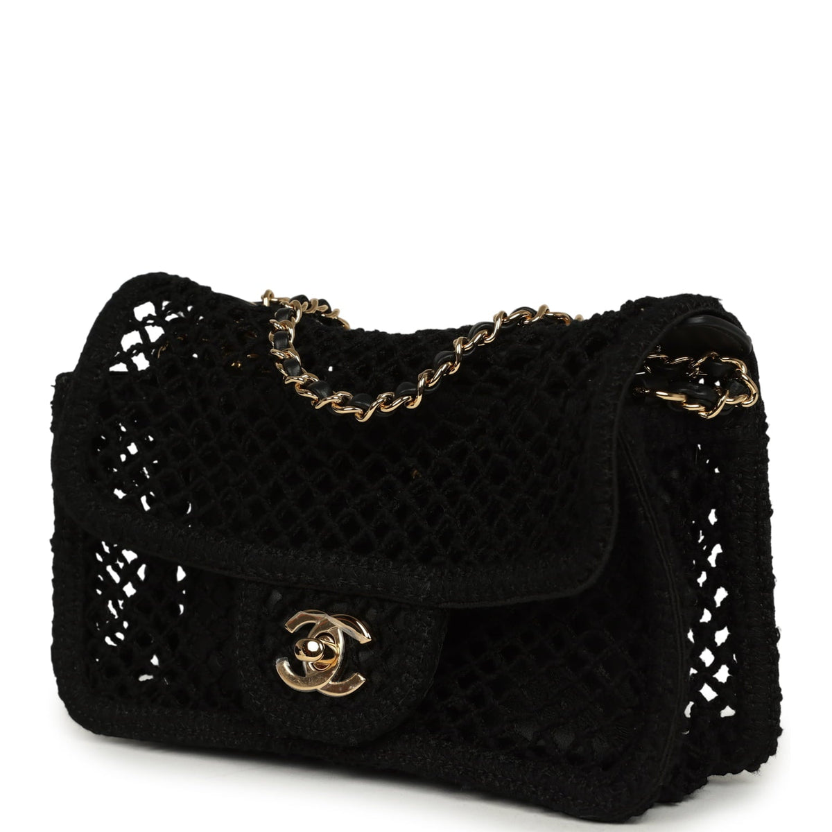 Chanel Small Coco Beach Macrame Flap Bag Black Mesh Gold Hardware