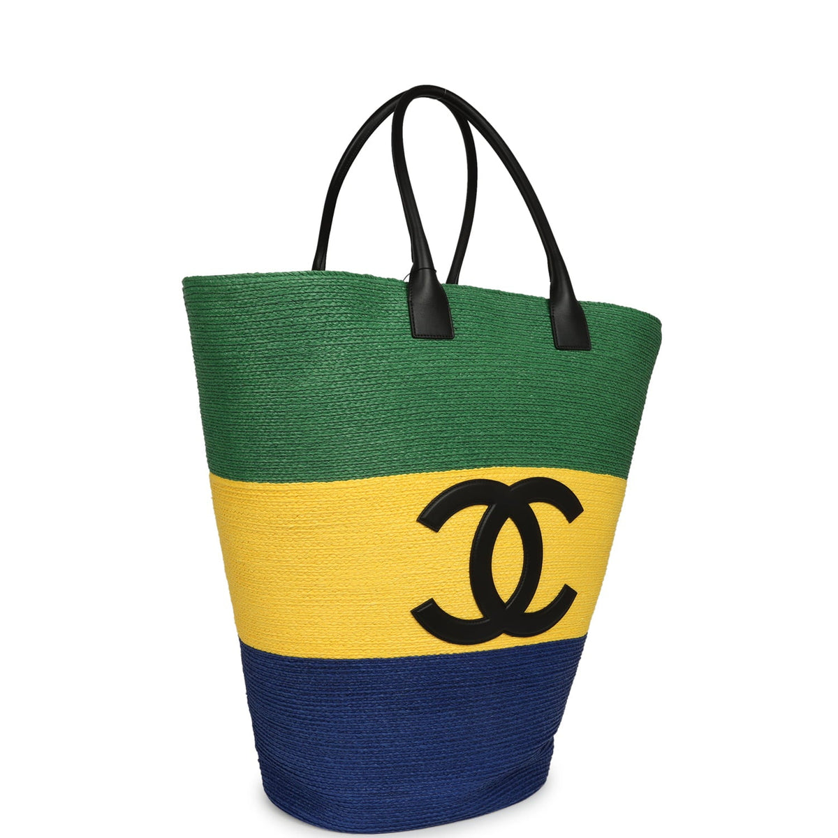 Chanel Maxi Coco Beach Large Shopping Bag Green, Yellow, Blue Raffia and Black Calfskin
