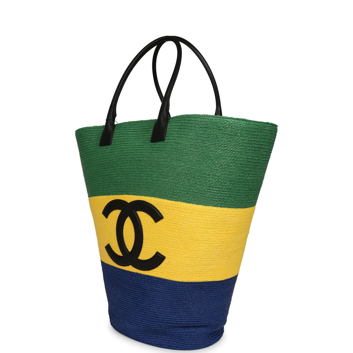 Chanel Maxi Coco Beach Large Shopping Bag Green, Yellow, Blue Raffia and Black Calfskin