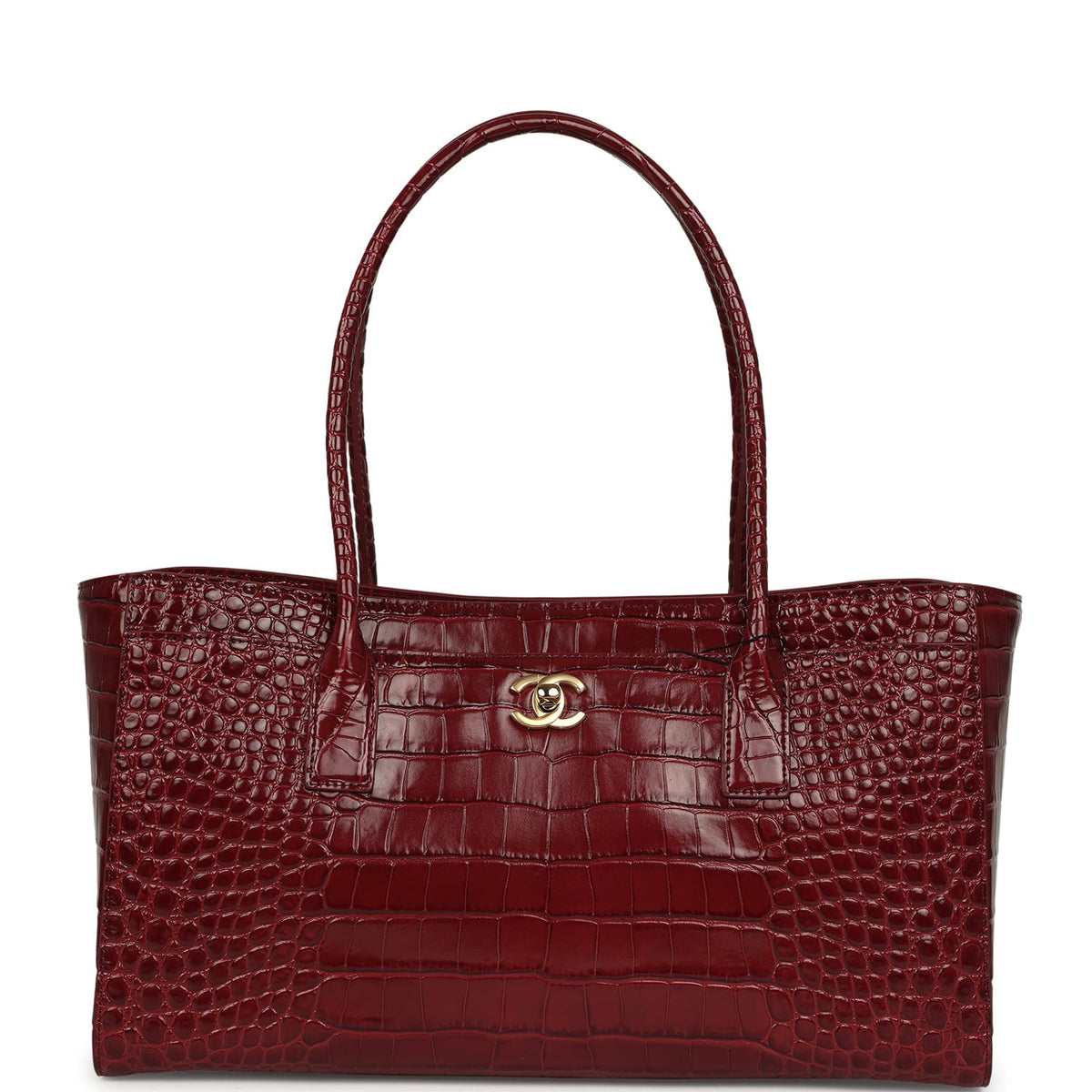 Chanel Small Cerf Shopping Bag Burgundy Croc Embossed Calfskin Gold Hardware
