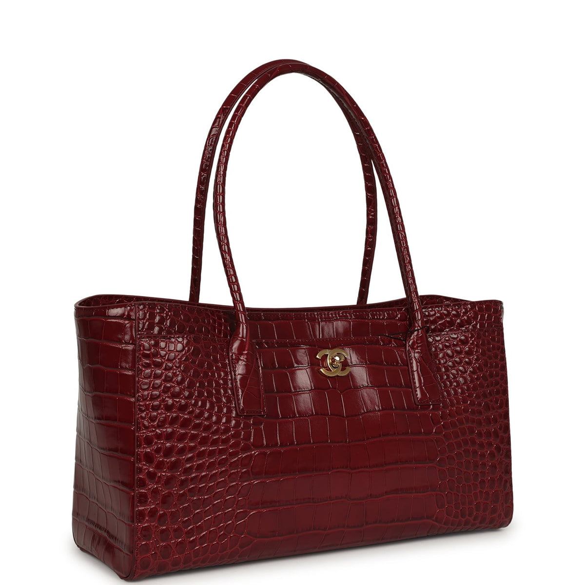 Chanel Small Cerf Shopping Bag Burgundy Croc Embossed Calfskin Gold Hardware