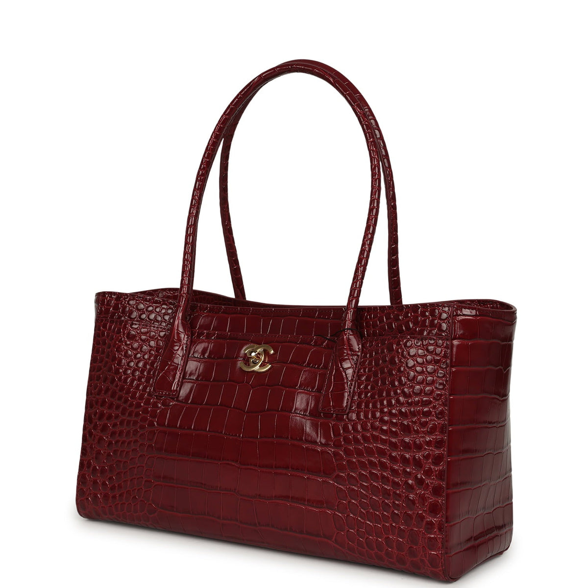 Chanel Small Cerf Shopping Bag Burgundy Croc Embossed Calfskin Gold Hardware