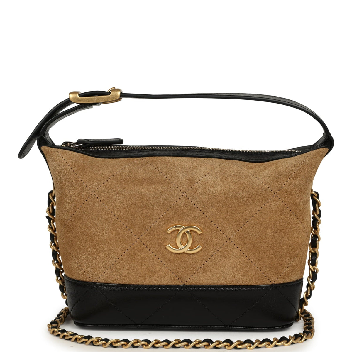 Chanel Mini Coco Base Clutch with Chain Brown Suede and Black Shiny Lambskin Brushed Gold Hardware