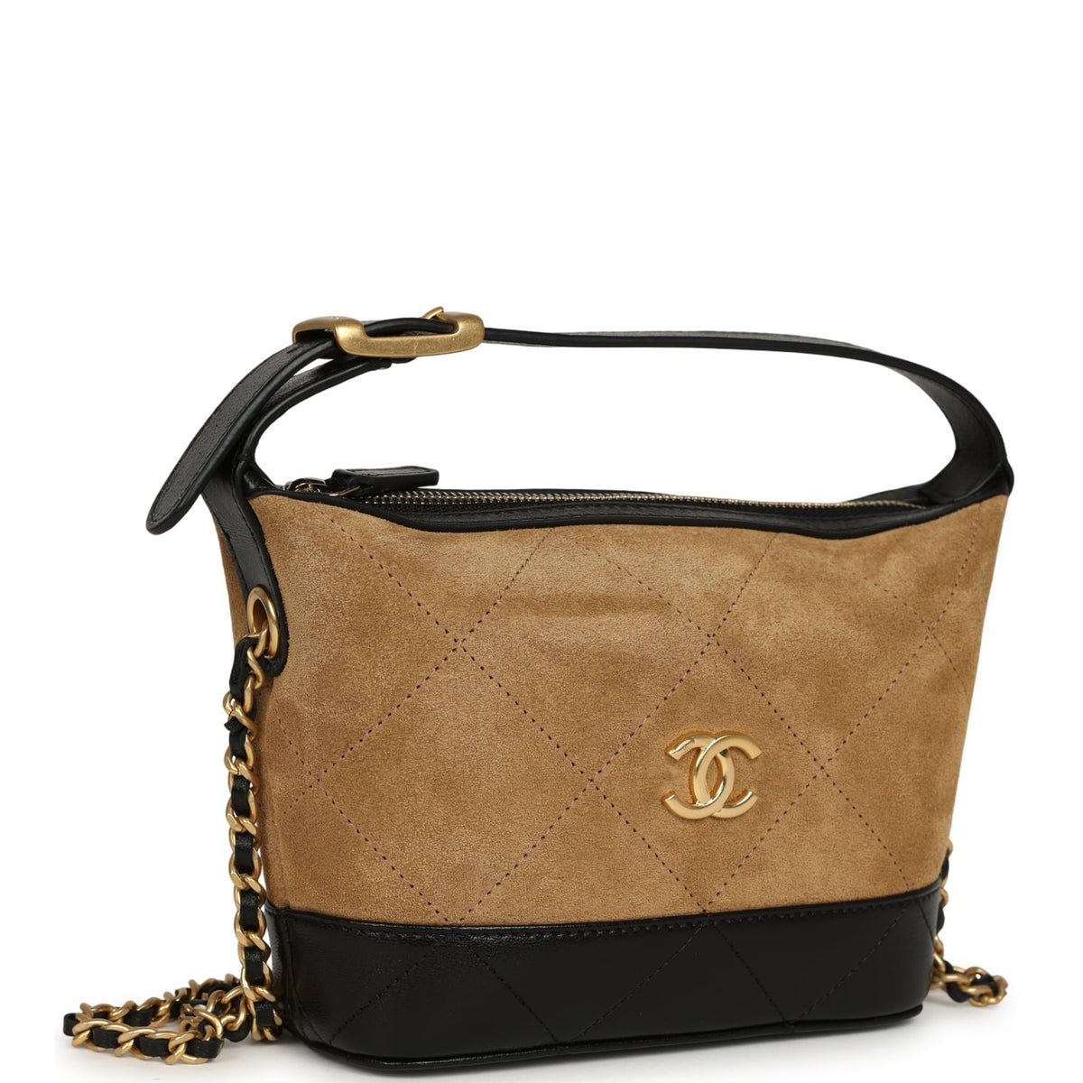 Chanel Mini Coco Base Clutch with Chain Brown Suede and Black Shiny Lambskin Brushed Gold Hardware