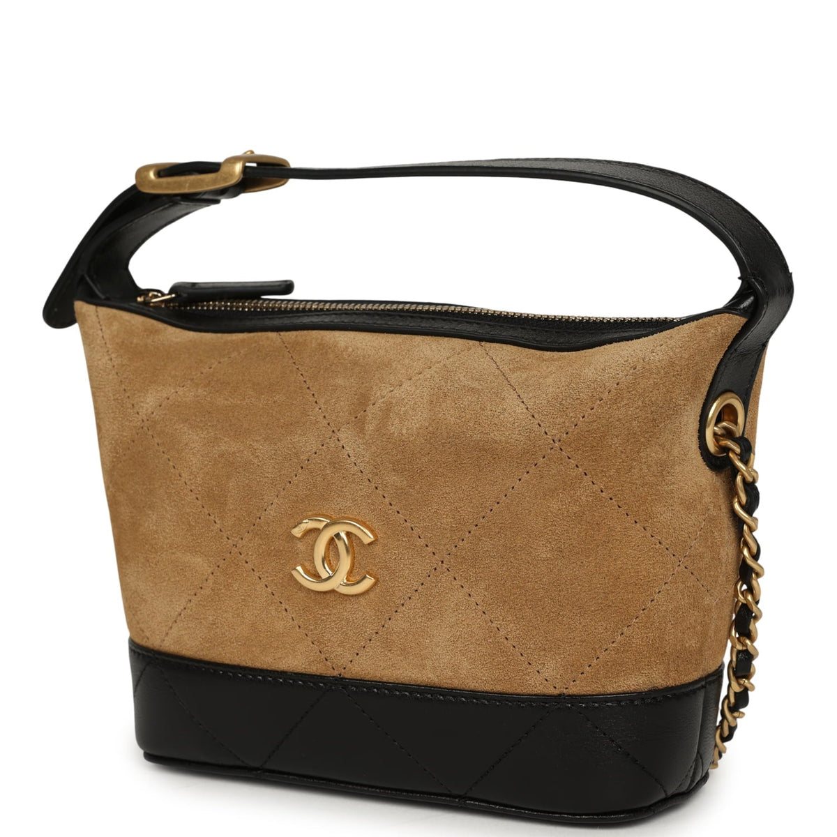 Chanel Mini Coco Base Clutch with Chain Brown Suede and Black Shiny Lambskin Brushed Gold Hardware