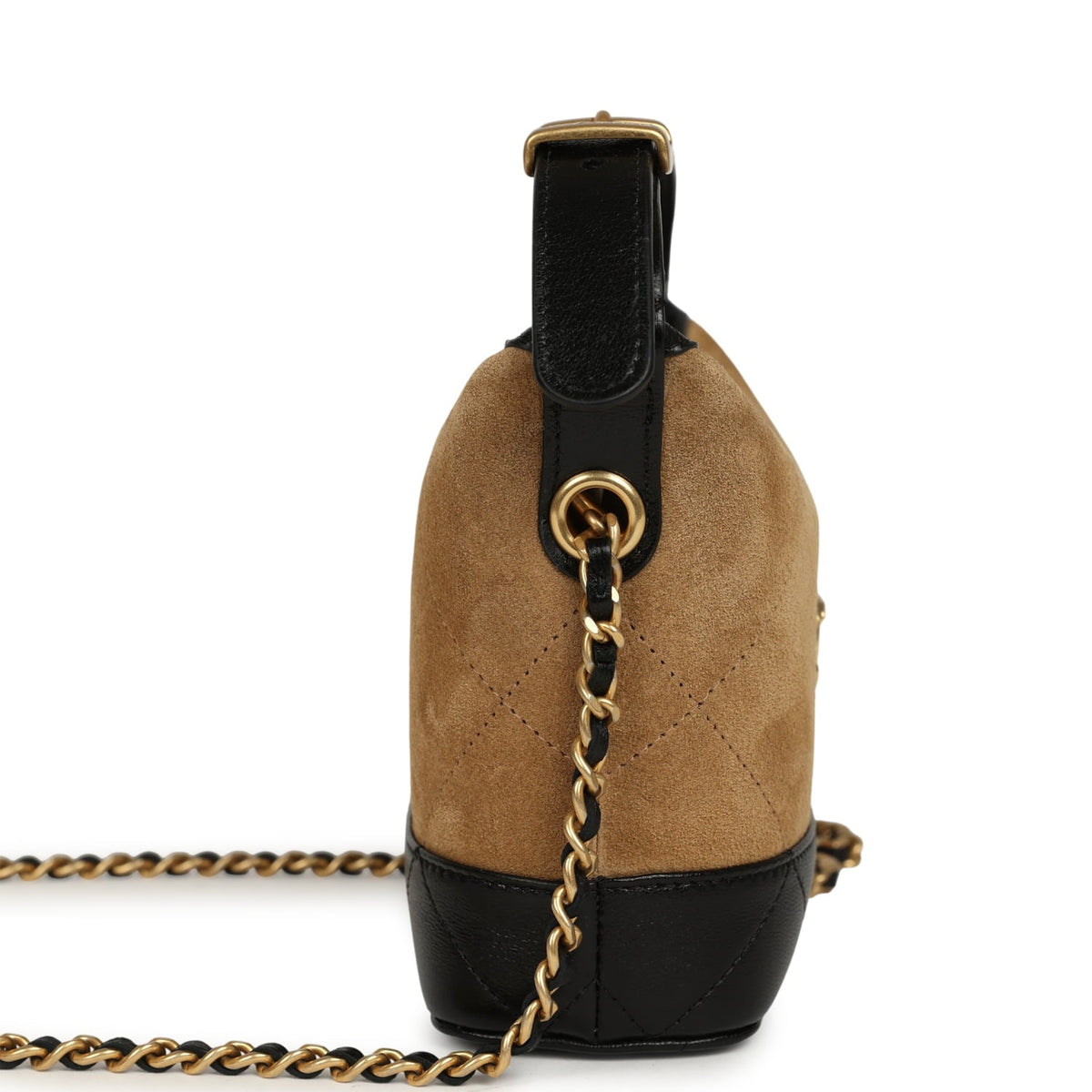 Chanel Mini Coco Base Clutch with Chain Brown Suede and Black Shiny Lambskin Brushed Gold Hardware