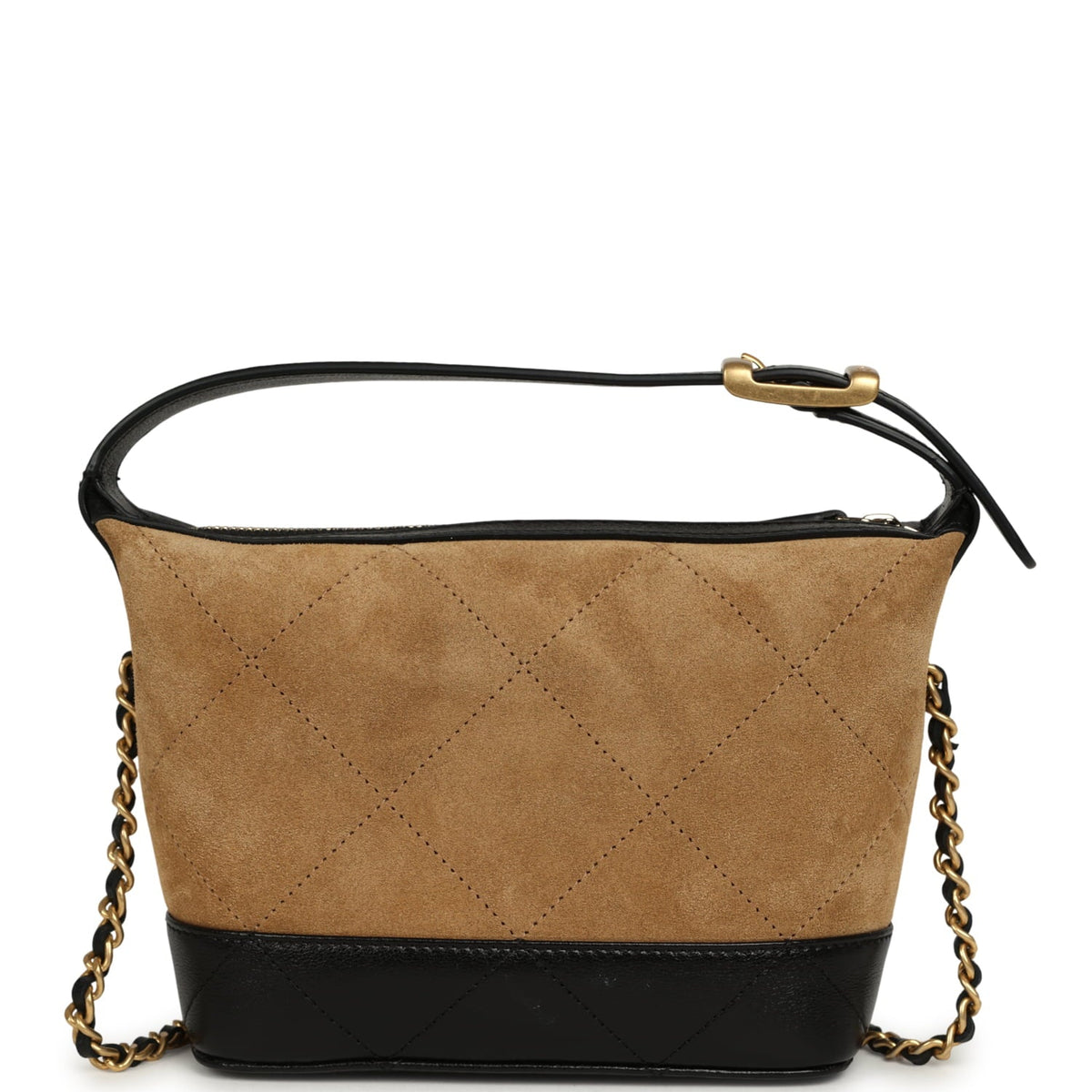 Chanel Mini Coco Base Clutch with Chain Brown Suede and Black Shiny Lambskin Brushed Gold Hardware
