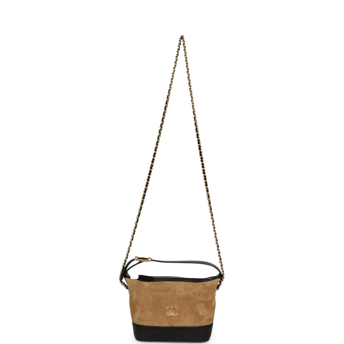 Chanel Mini Coco Base Clutch with Chain Brown Suede and Black Shiny Lambskin Brushed Gold Hardware
