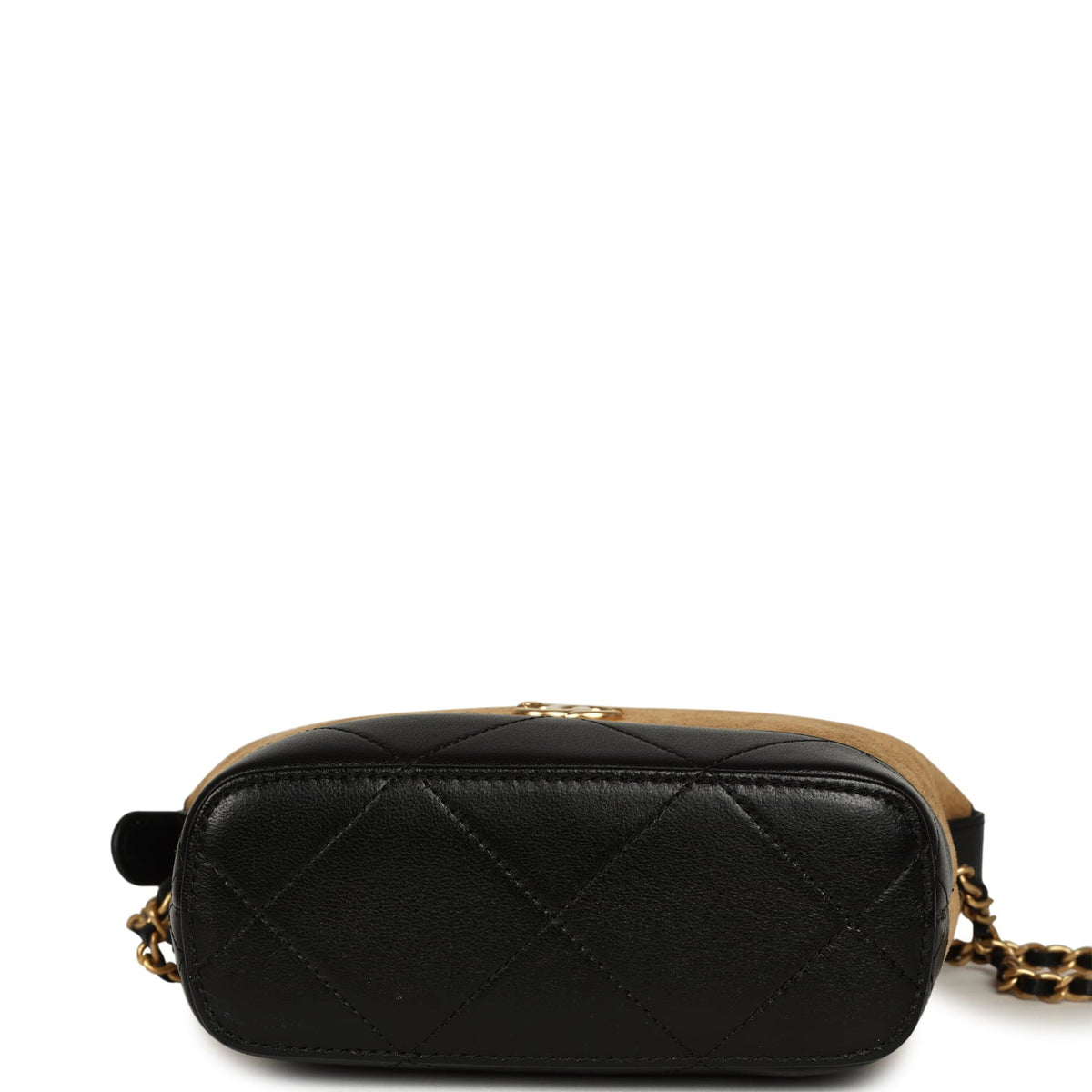 Chanel Mini Coco Base Clutch with Chain Brown Suede and Black Shiny Lambskin Brushed Gold Hardware