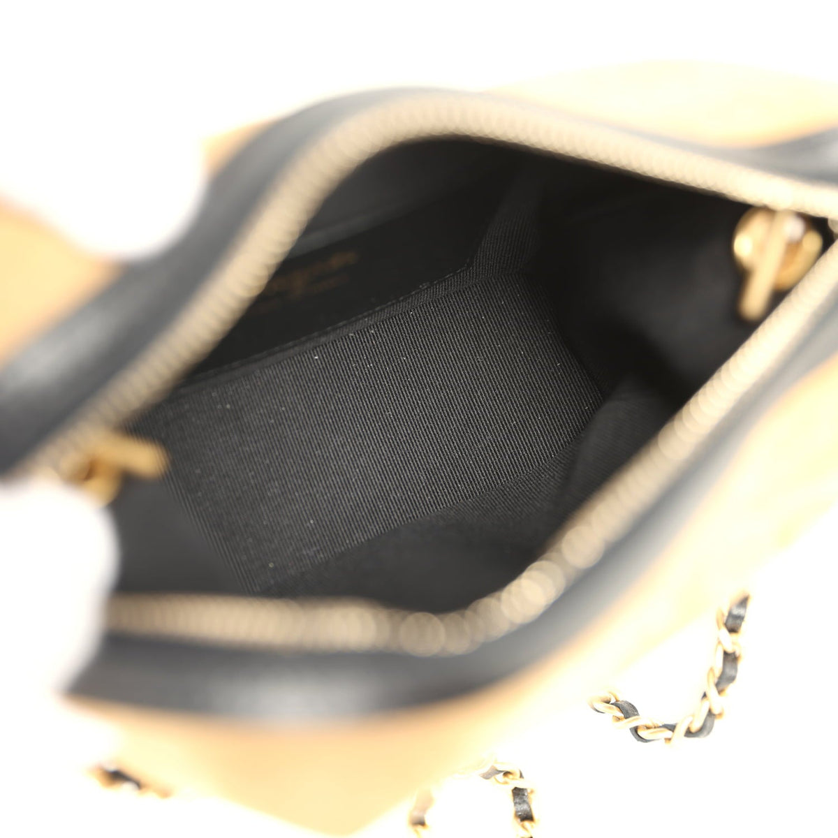 Chanel Mini Coco Base Clutch with Chain Brown Suede and Black Shiny Lambskin Brushed Gold Hardware