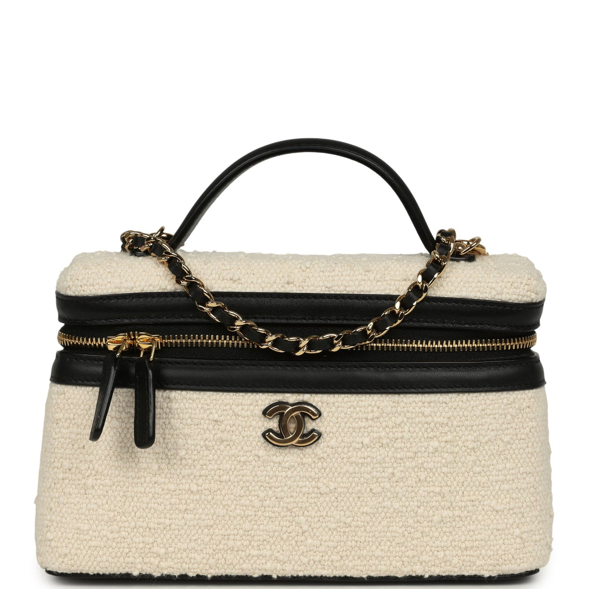 Chanel Coco Beach Top Handle Long Vanity Case with Chain Ecru Tweed and Black Calfskin Gold Hardware