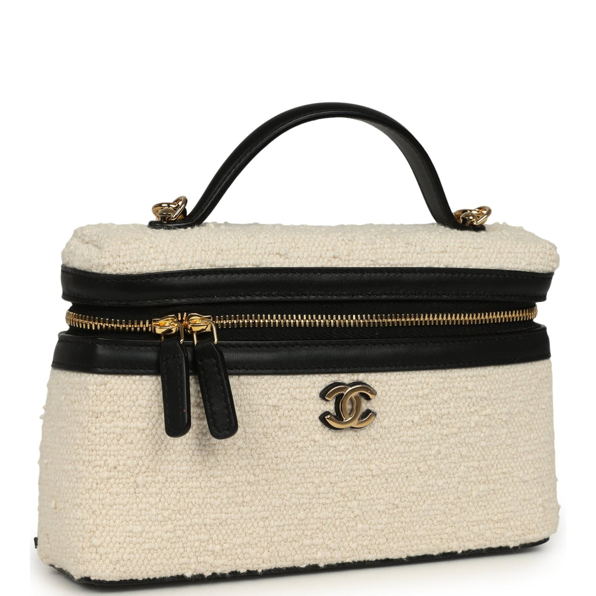 Chanel Coco Beach Top Handle Long Vanity Case with Chain Ecru Tweed and Black Calfskin Gold Hardware
