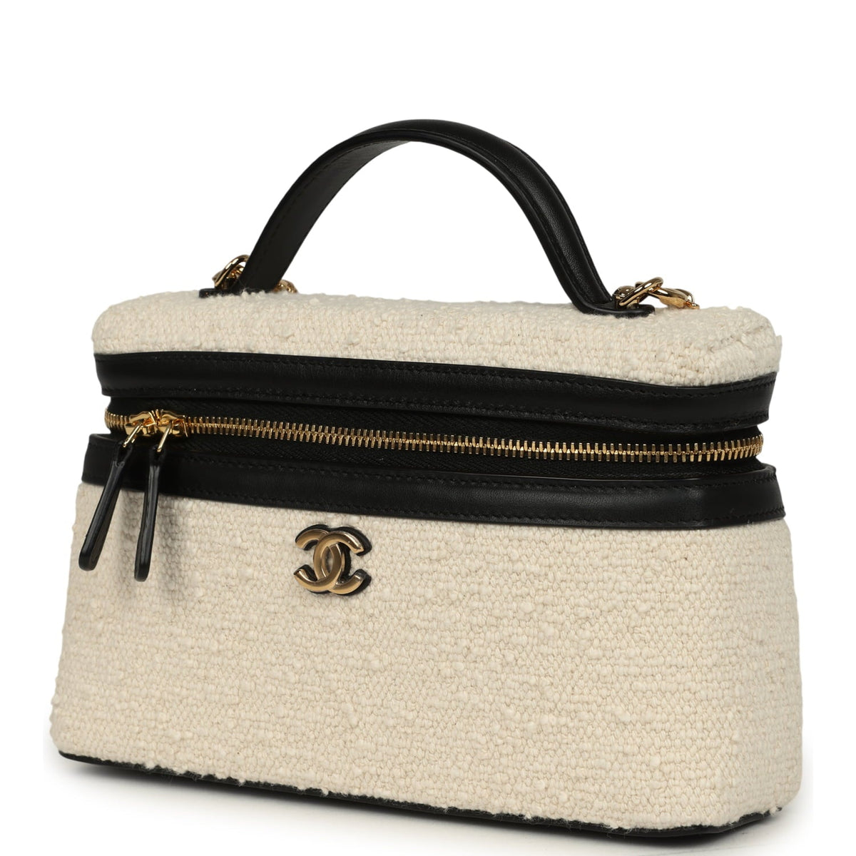 Chanel Coco Beach Top Handle Long Vanity Case with Chain Ecru Tweed and Black Calfskin Gold Hardware
