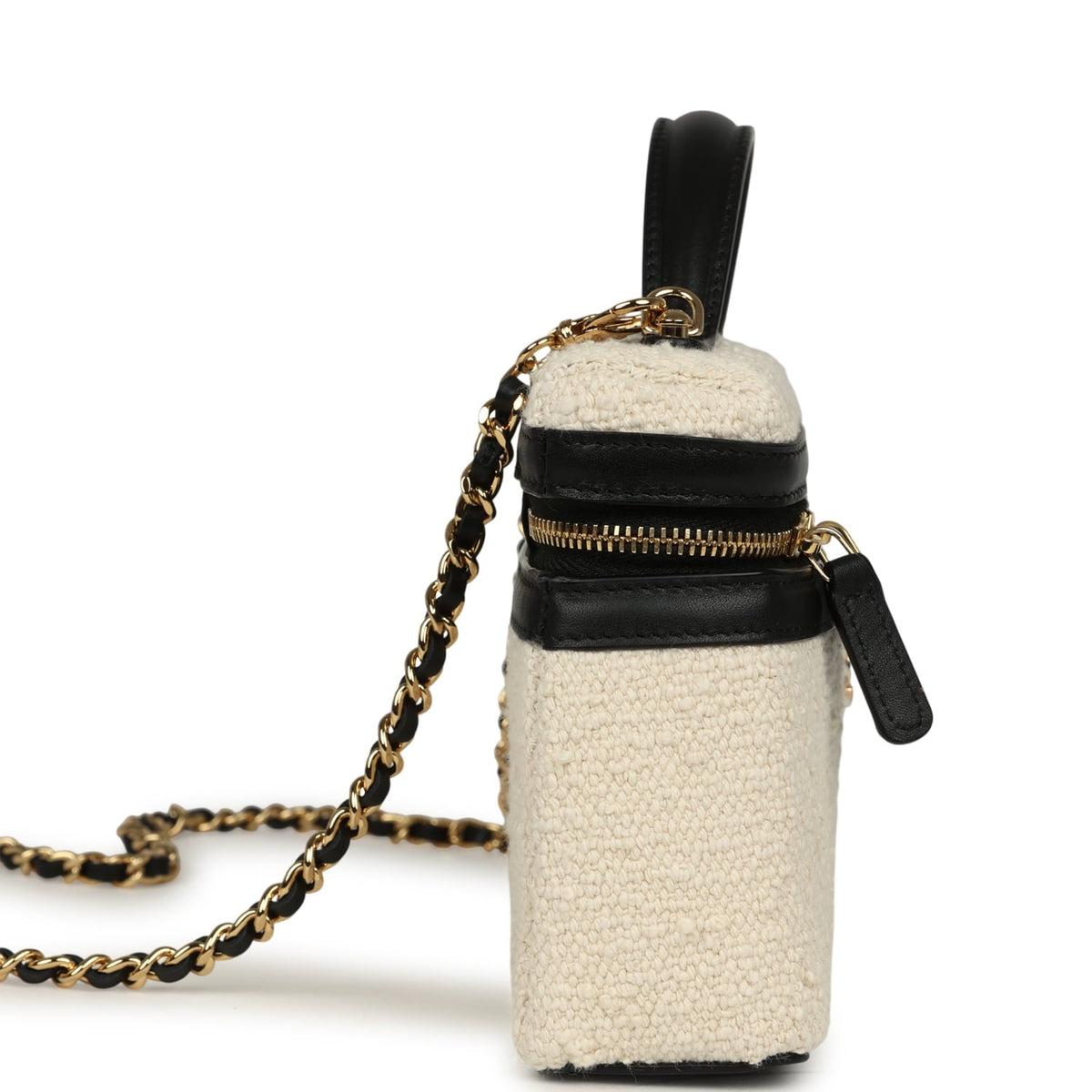Chanel Coco Beach Top Handle Long Vanity Case with Chain Ecru Tweed and Black Calfskin Gold Hardware