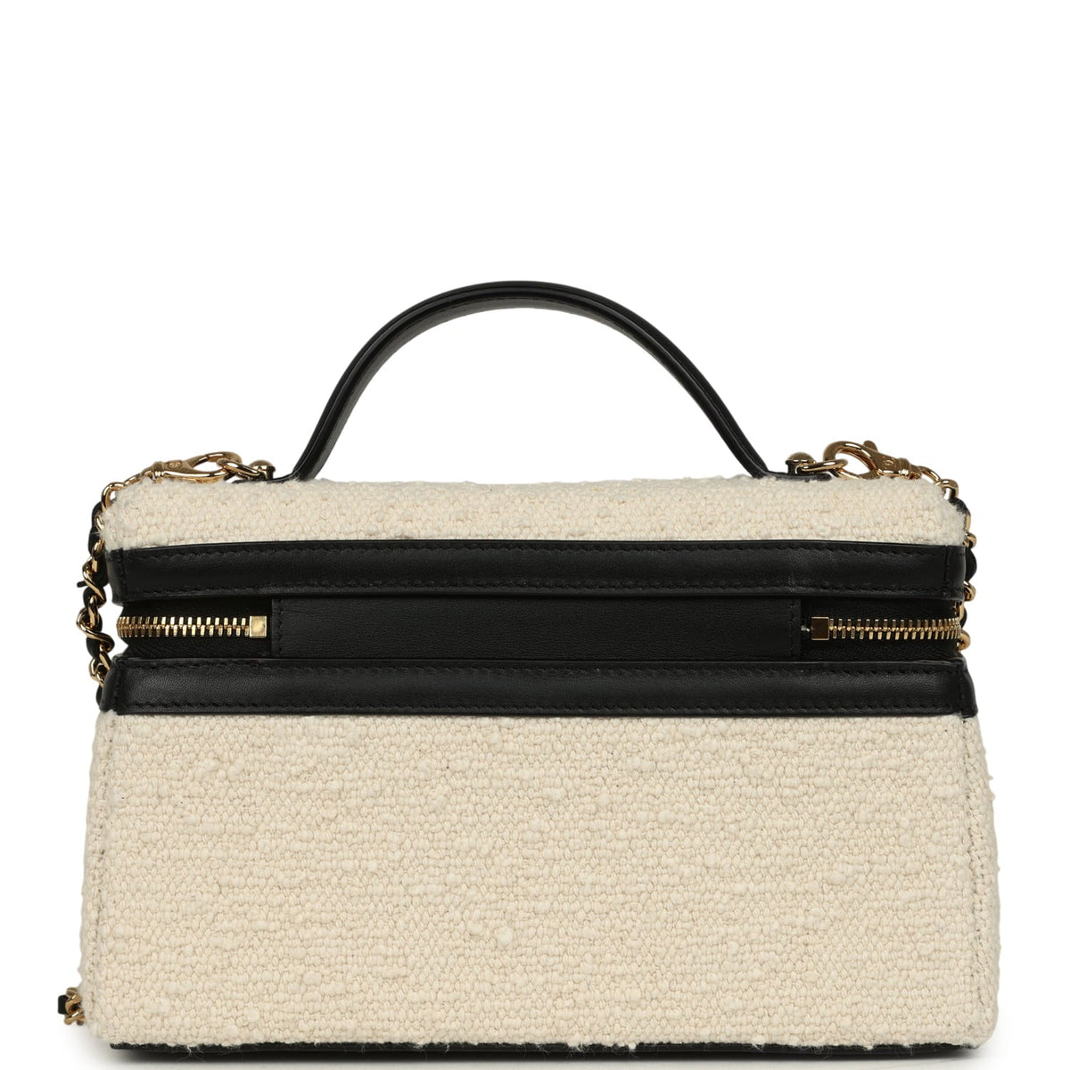 Chanel Coco Beach Top Handle Long Vanity Case with Chain Ecru Tweed and Black Calfskin Gold Hardware