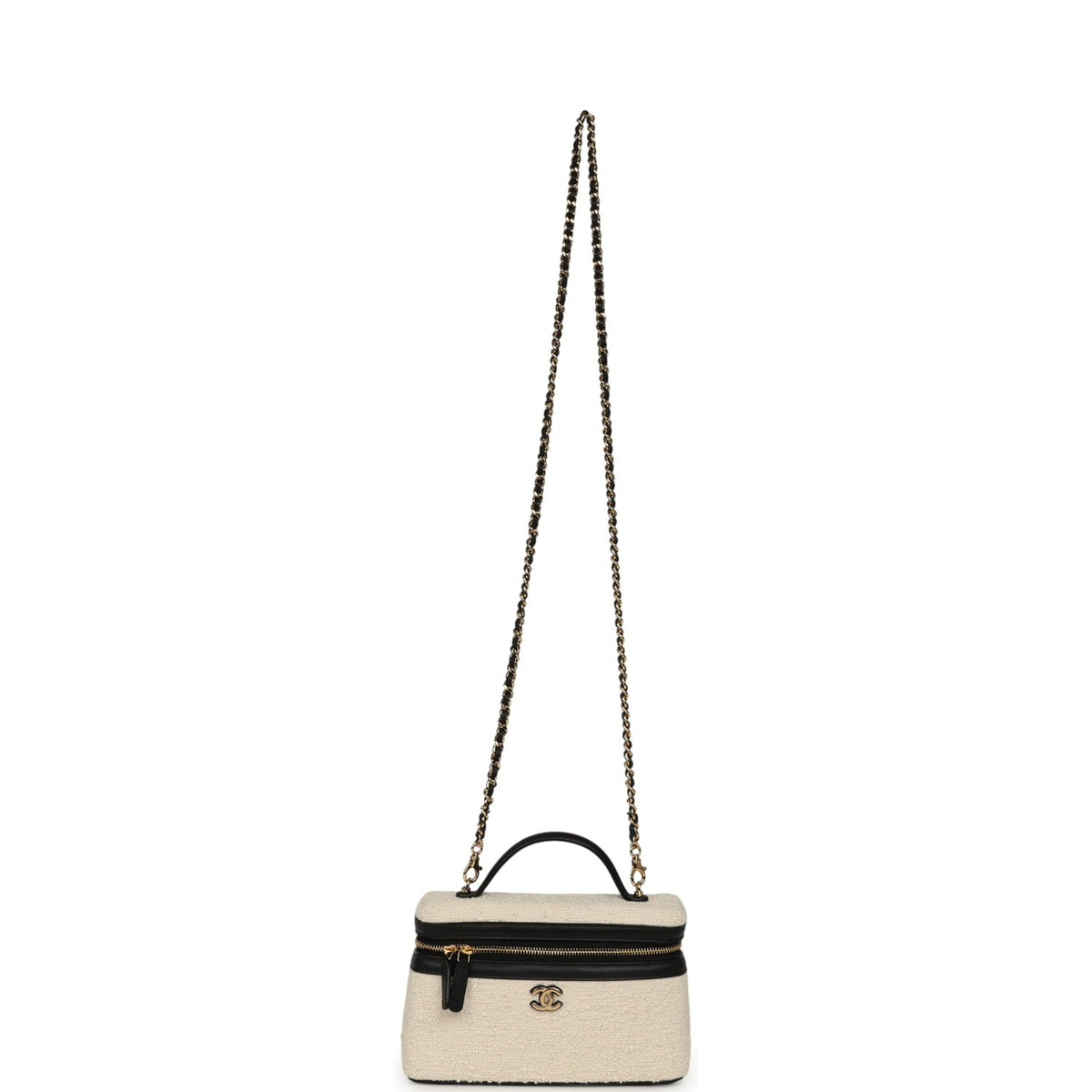 Chanel Coco Beach Top Handle Long Vanity Case with Chain Ecru Tweed and Black Calfskin Gold Hardware