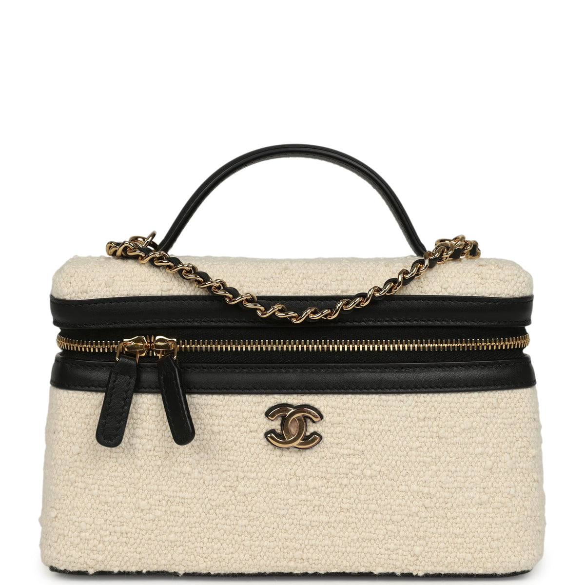 Chanel Coco Beach Top Handle Long Vanity Case with Chain Ecru Tweed and Black Calfskin Gold Hardware