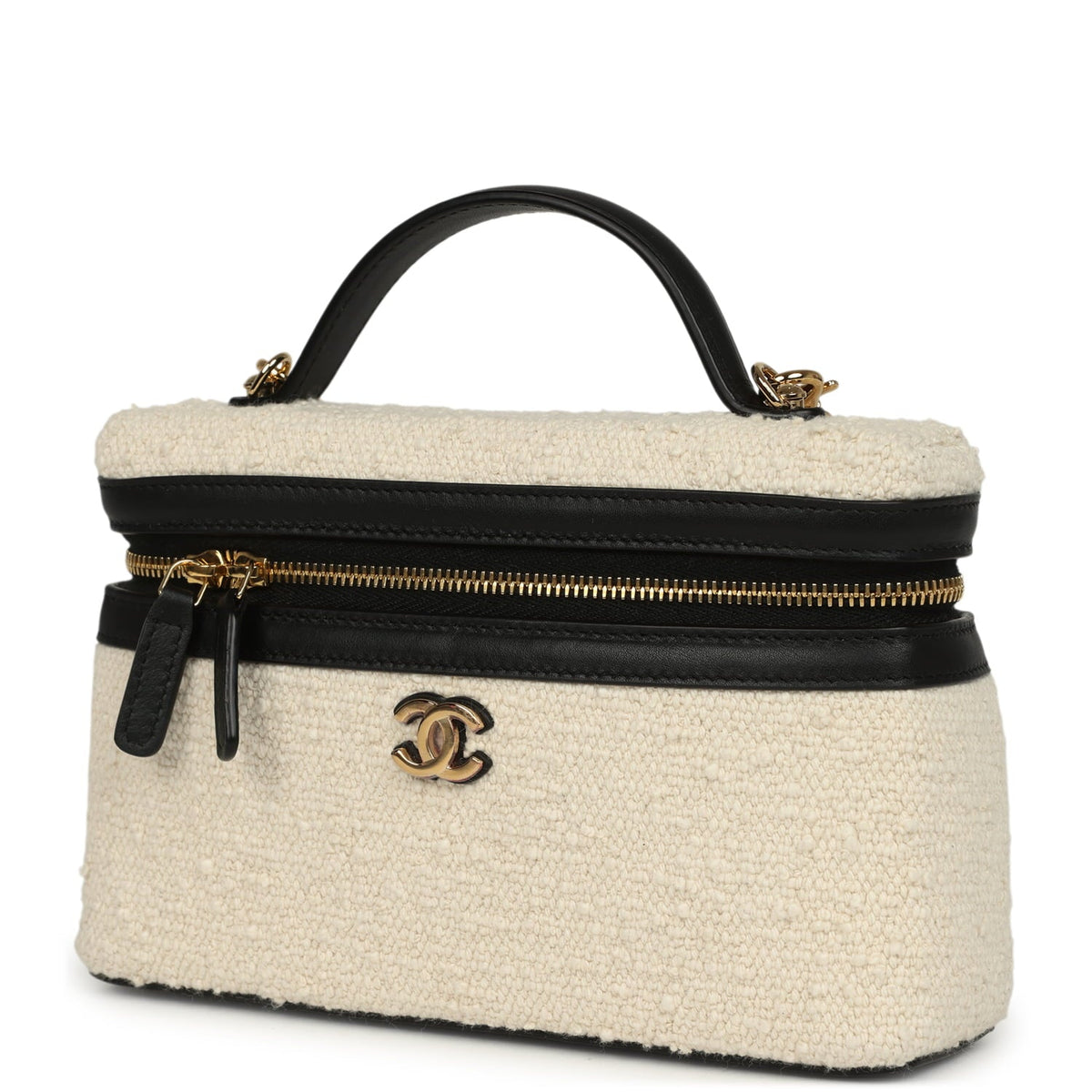 Chanel Coco Beach Top Handle Long Vanity Case with Chain Ecru Tweed and Black Calfskin Gold Hardware