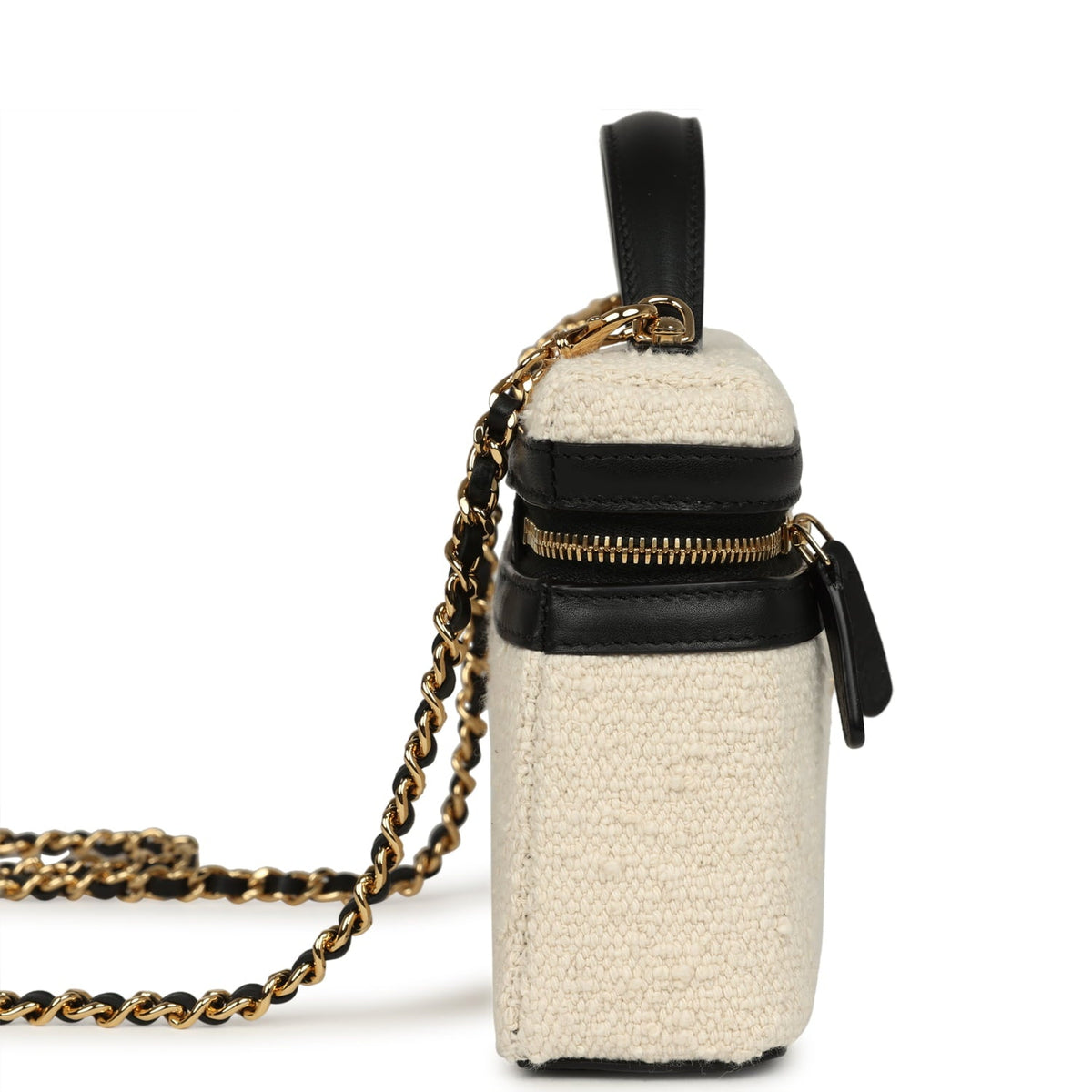 Chanel Coco Beach Top Handle Long Vanity Case with Chain Ecru Tweed and Black Calfskin Gold Hardware