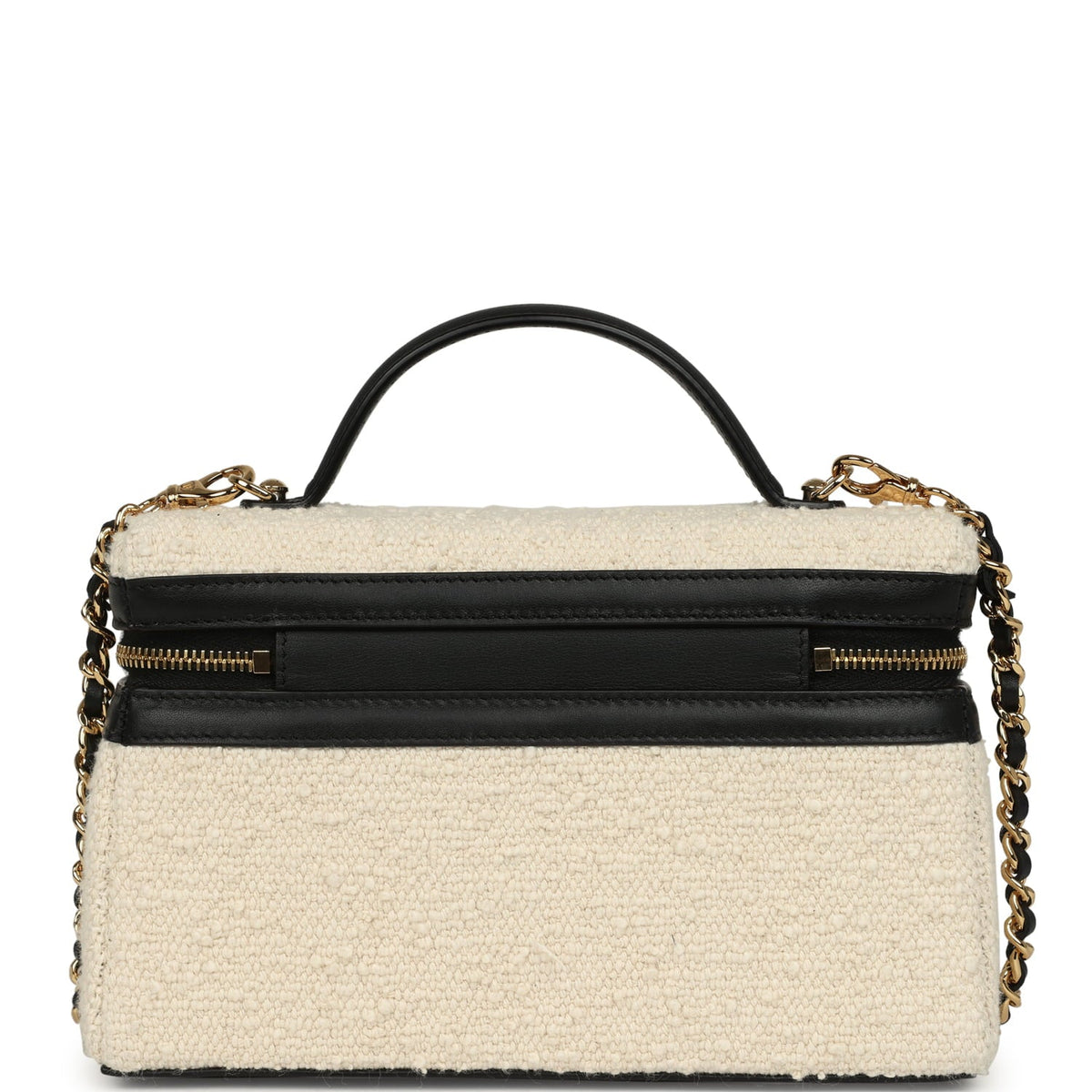 Chanel Coco Beach Top Handle Long Vanity Case with Chain Ecru Tweed and Black Calfskin Gold Hardware