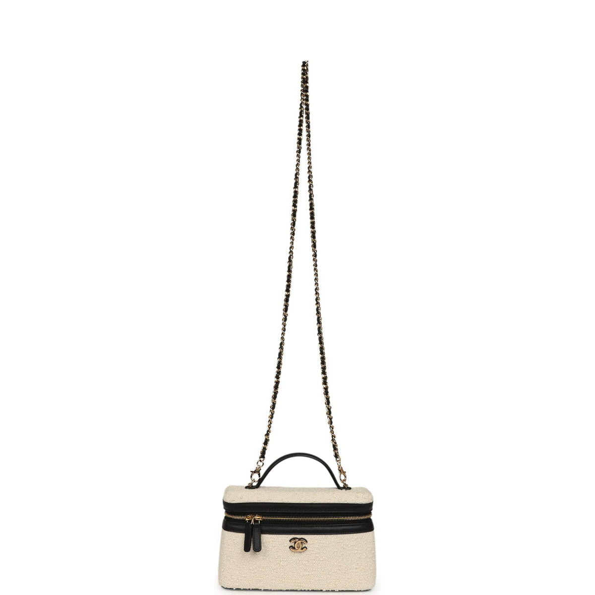 Chanel Coco Beach Top Handle Long Vanity Case with Chain Ecru Tweed and Black Calfskin Gold Hardware
