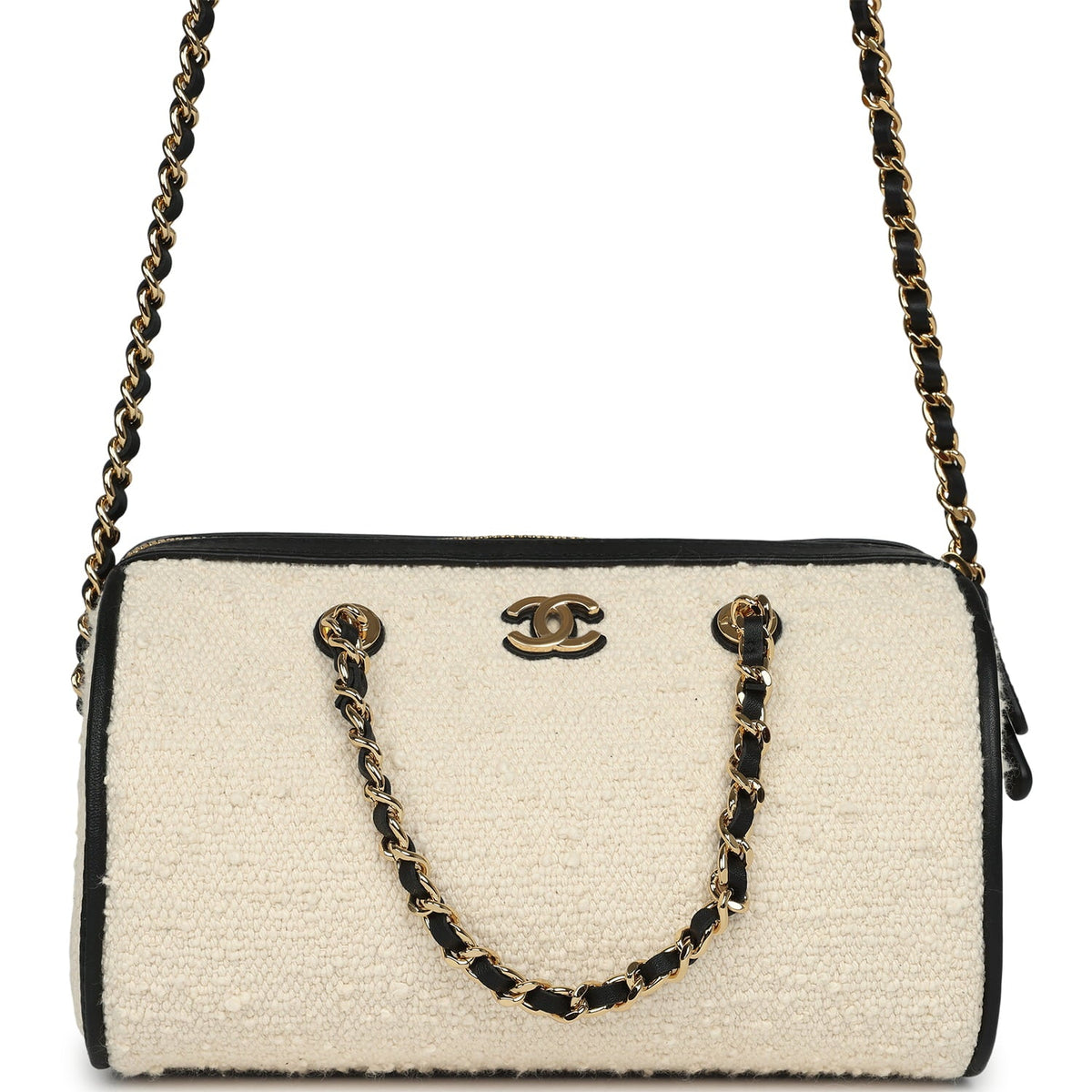 Chanel Coco Beach Mini Timeless Classic Barrel Bag with Chain Ecru Tweed and Black Calfskin Gold Hardware