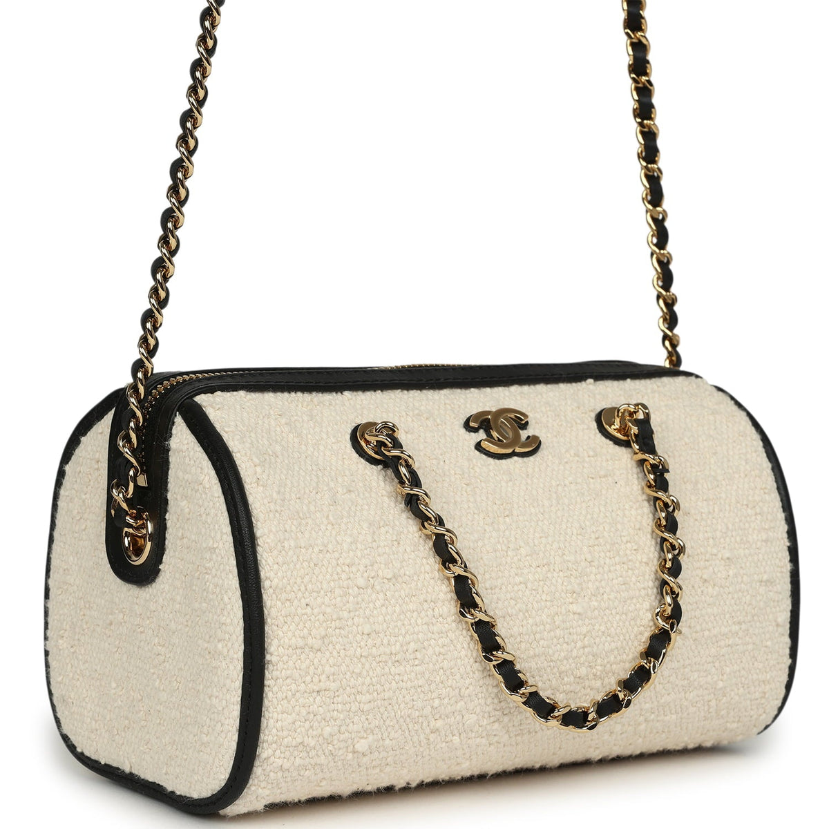 Chanel Coco Beach Mini Timeless Classic Barrel Bag with Chain Ecru Tweed and Black Calfskin Gold Hardware