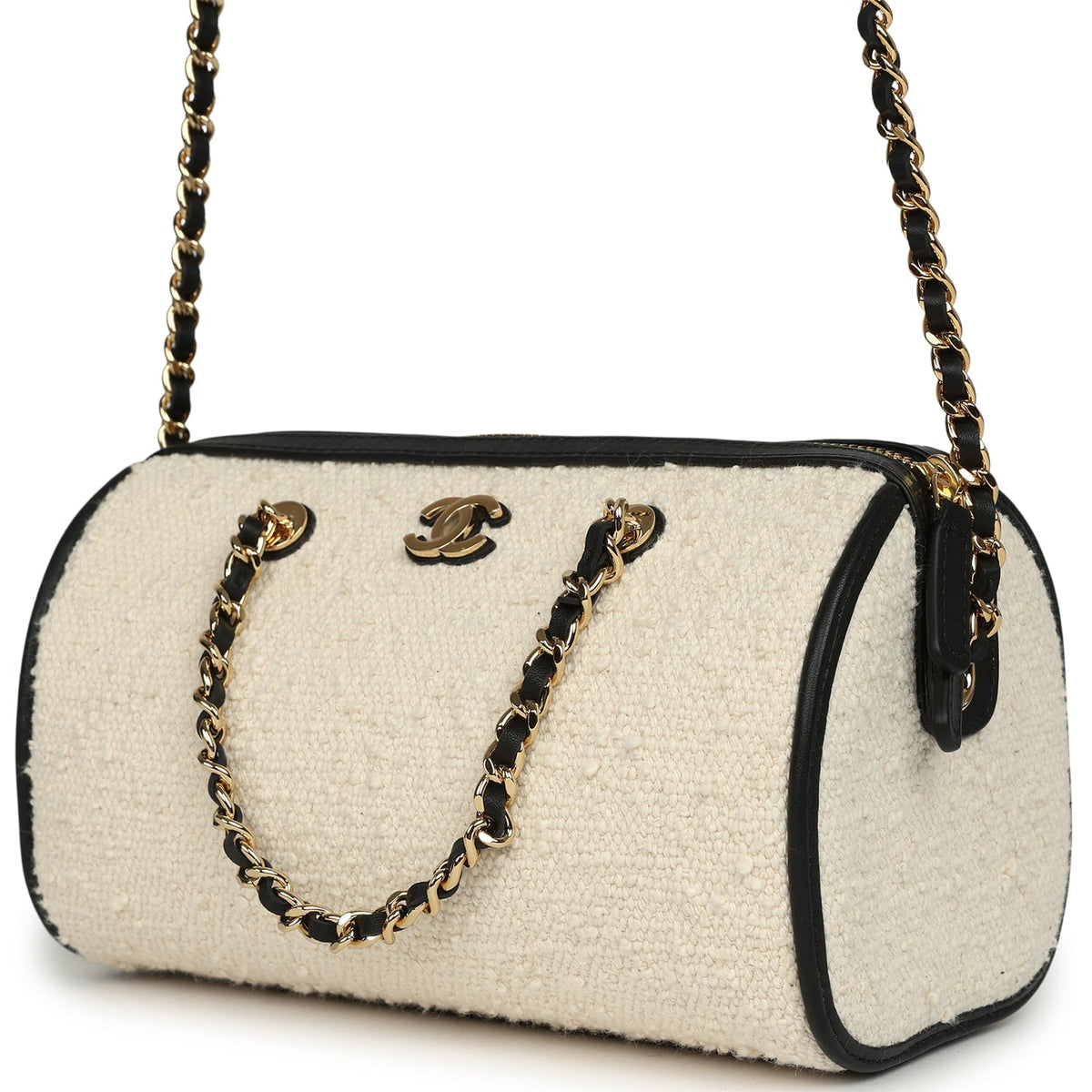 Chanel Coco Beach Mini Timeless Classic Barrel Bag with Chain Ecru Tweed and Black Calfskin Gold Hardware