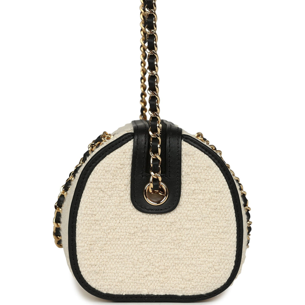 Chanel Coco Beach Mini Timeless Classic Barrel Bag with Chain Ecru Tweed and Black Calfskin Gold Hardware