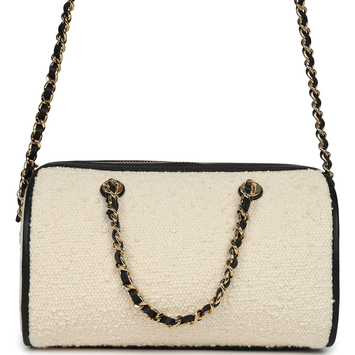 Chanel Coco Beach Mini Timeless Classic Barrel Bag with Chain Ecru Tweed and Black Calfskin Gold Hardware
