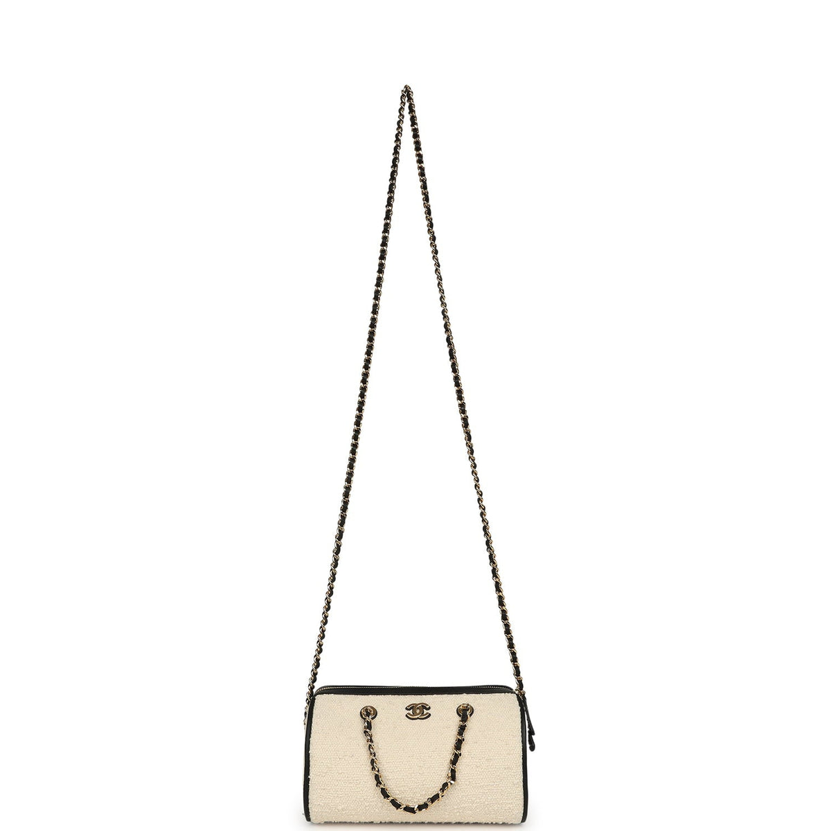 Chanel Coco Beach Mini Timeless Classic Barrel Bag with Chain Ecru Tweed and Black Calfskin Gold Hardware